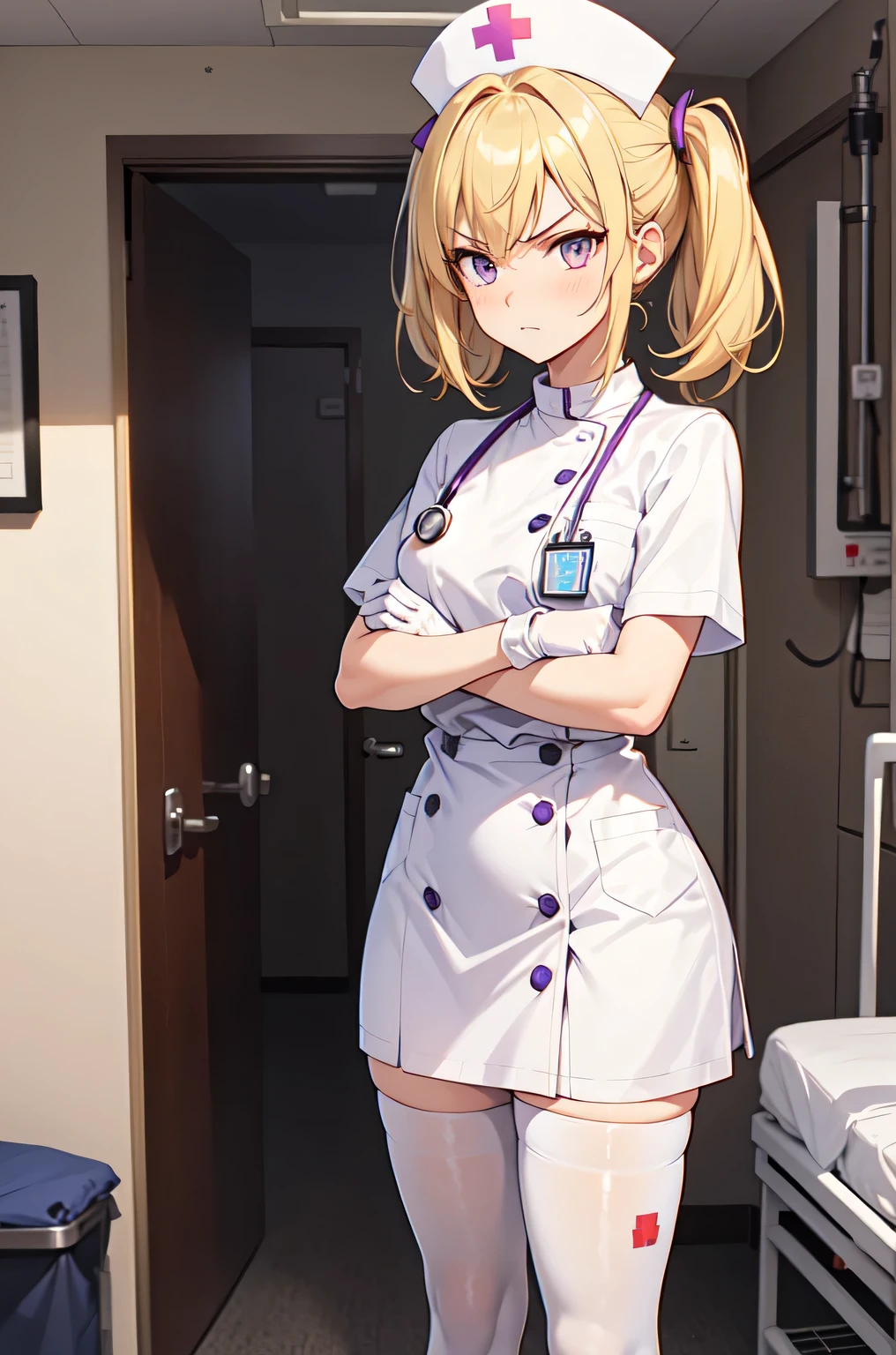 1girl, solo, nurse, nurse cap, white nurse uniform, ((white legwear, zettai ryouiki)), white gloves, twintails, yellow hair, purple eyes, angry, crossed arms, standing, ((hospital room)), sharp outline, short sleeves, best quality, masterpiece