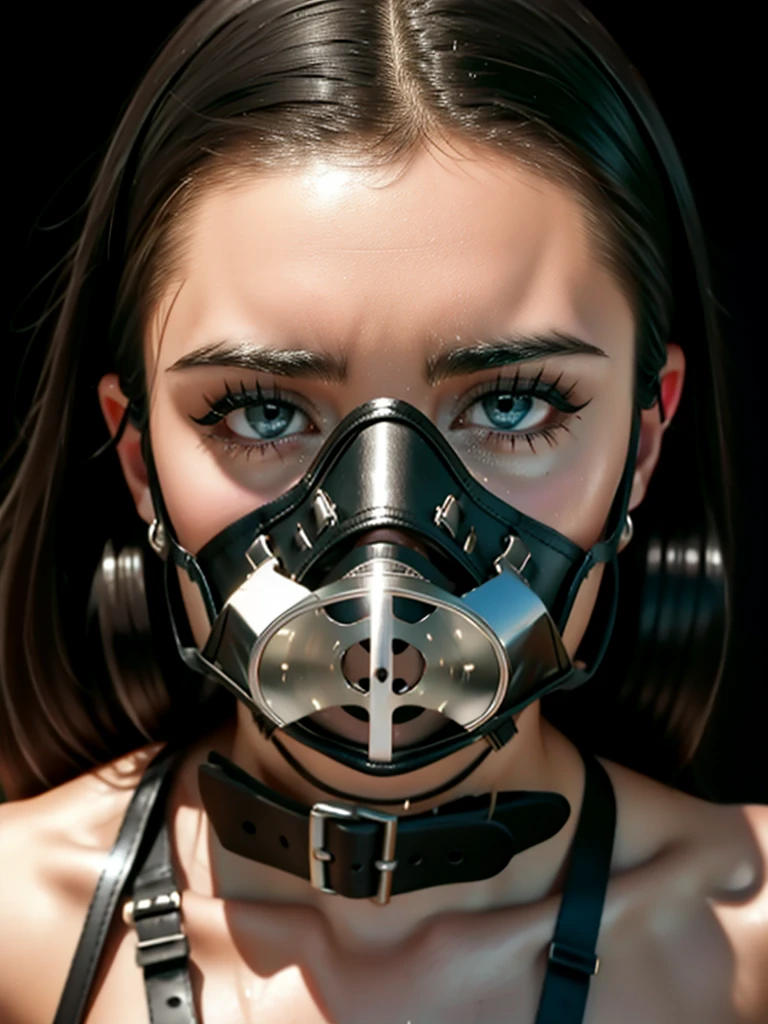 (Selena Gomez, bdsm, bondage, muzzle mask, drool dripping, drool dangling, breathplay), 8k, realistic, drooling, pleading eyes, dripping wet, waiting to be tortured, cleavage, drool all over face, drool all over breasts, breath control, sweating, exact likeness, lots of drool, saliva dripping, muzzled, gagged,
