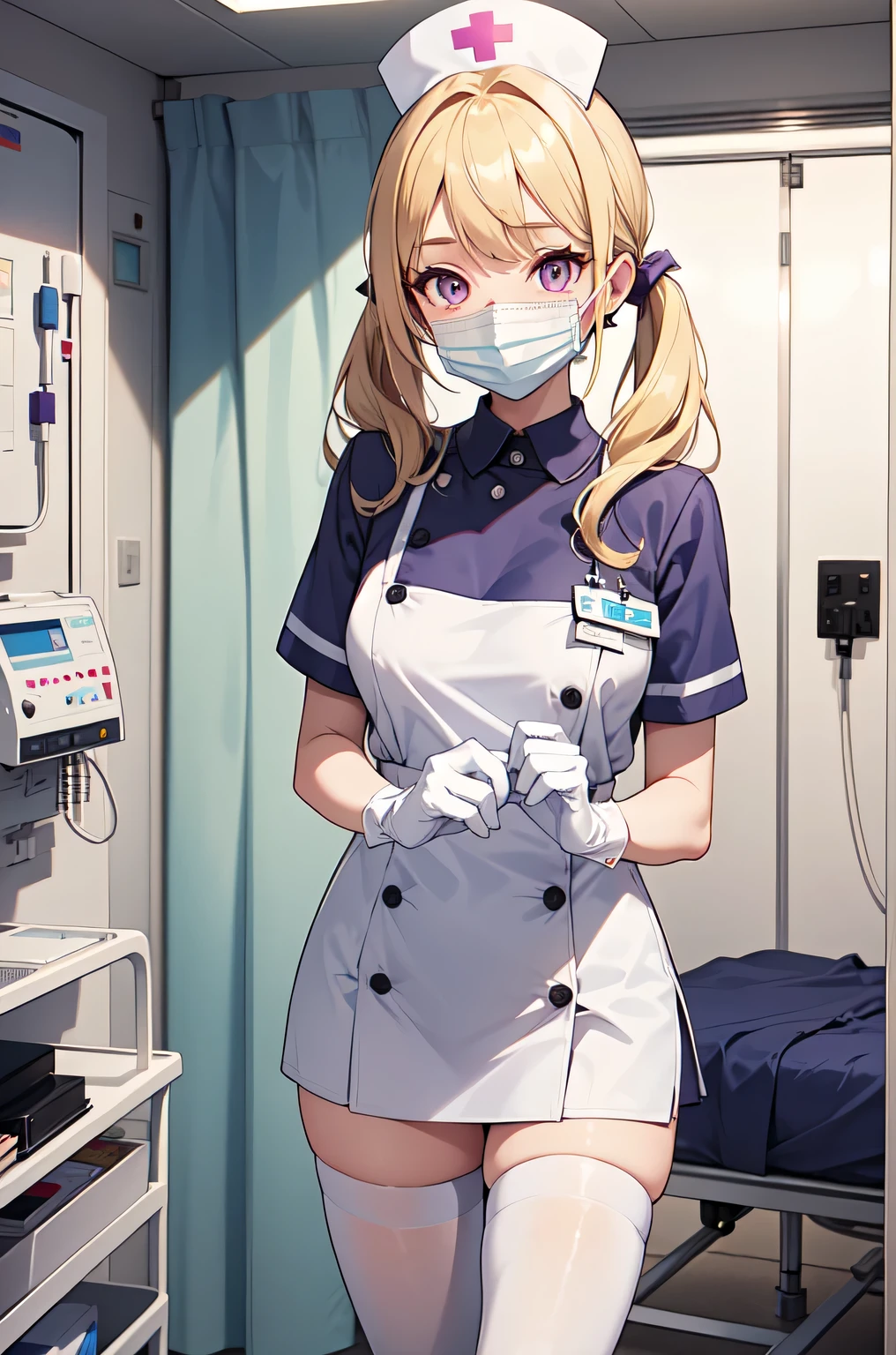 1girl, solo, nurse, nurse cap, white nurse uniform, ((white legwear, zettai ryouiki)), white gloves, twintails, yellow hair, purple eyes, ((white surgical mask, covered nose)), standing, ((hospital room)), sharp outline, short sleeves, best quality, masterpiece