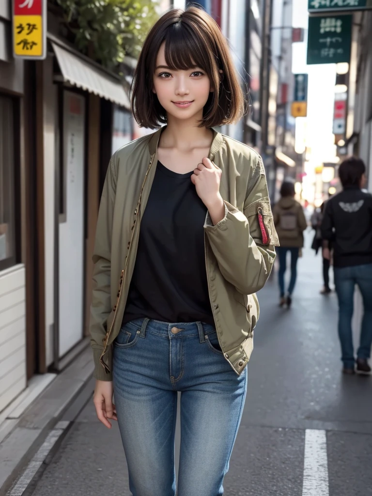 (8k, RAW Photos, highest quality, masterpiece:1.2), (Realistic, photo-Realistic:1.4), (Highly detailed 8k wallpaper), ((Full Body Shot)), (1 girl), Sharp focus, Depth of written boundary, Cinematic lighting, Soft Light, 緻密な美しさのeye, eye_Chan, Very beautiful girl, innocent big eyes, Realistic, photo Realistic, Highly detailed cute girl, (Thin thighs), (Model Body Type), 18-year-old, ((Khaki flight jacket)), (Black T-shirt), (Vintage long denim pants), (((Fold your arms in front of your chest and act arrogantly))), ((A happy smile)), Parted lips, Watching the audience, (On the streets of Tokyo) , (Brown Hair),(Short Bob Hair), (Asymmetrical bangs)