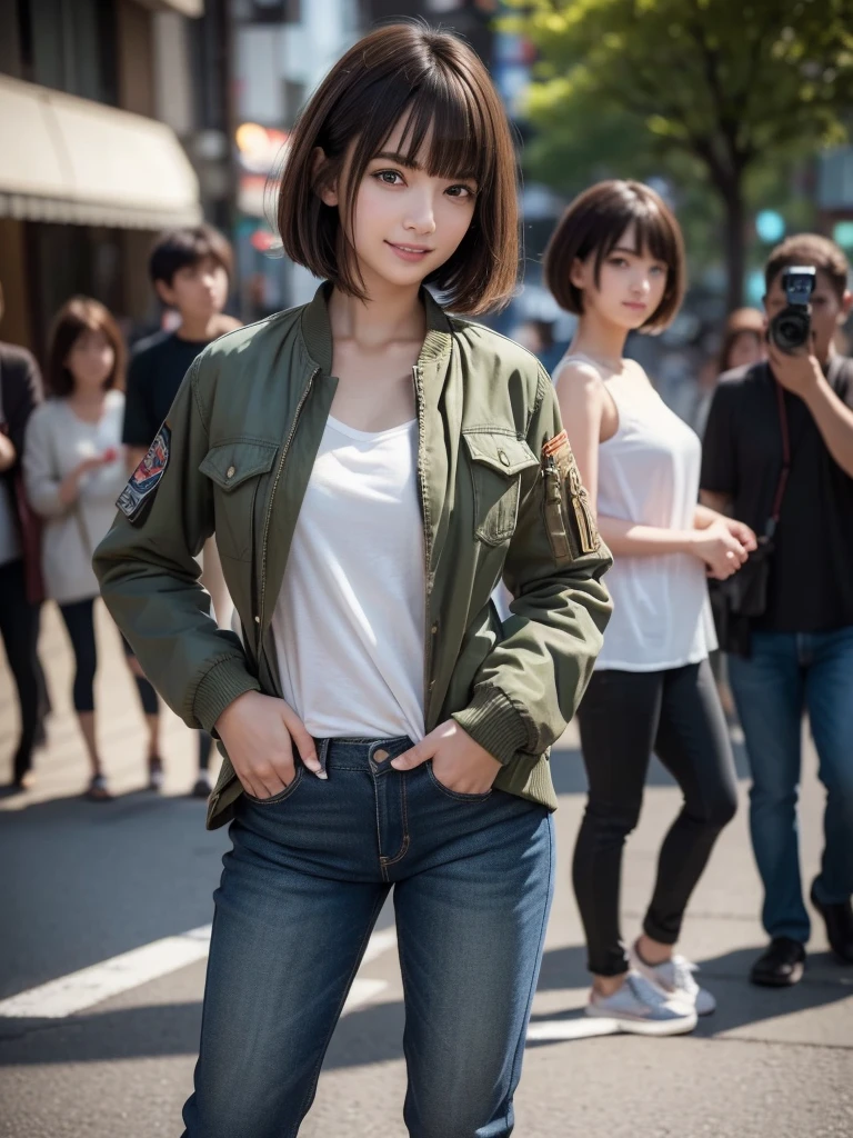 (8k, RAW Photos, highest quality, masterpiece:1.2), (Realistic, photo-Realistic:1.4), (Highly detailed 8k wallpaper), ((Full Body Shot)), (1 girl), Sharp focus, Depth of written boundary, Cinematic lighting, Soft Light, 緻密な美しさのeye, eye_Chan, Very beautiful 17 year old girl, innocent big eyes, Realistic, photo Realistic, Highly detailed cute girl, (Thin thighs), (Model Body Type), 18-year-old, ((Khaki flight jacket)), (Black T-shirt), (Vintage long denim pants), (((Fold your arms in front of your chest and act arrogantly))), ((A happy smile)), Parted lips, Watching the audience, (On the streets of Tokyo) , (Brown Hair),(Short Bob Hair), (Asymmetrical bangs)