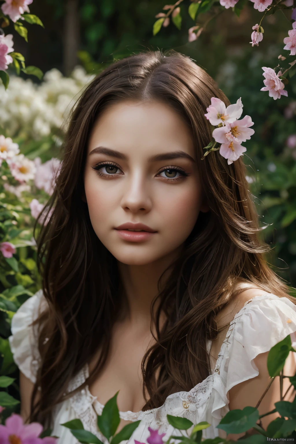 A girl in a garden, beautiful detailed eyes, beautiful detailed lips, extremely detailed eyes and face, longeyelashes, 1girl, digital art, oil painting, photorealistic, 8k, ultra-detailed, masterpiece, vibrant colors, dramatic lighting, fantasy landscape, magical, ethereal