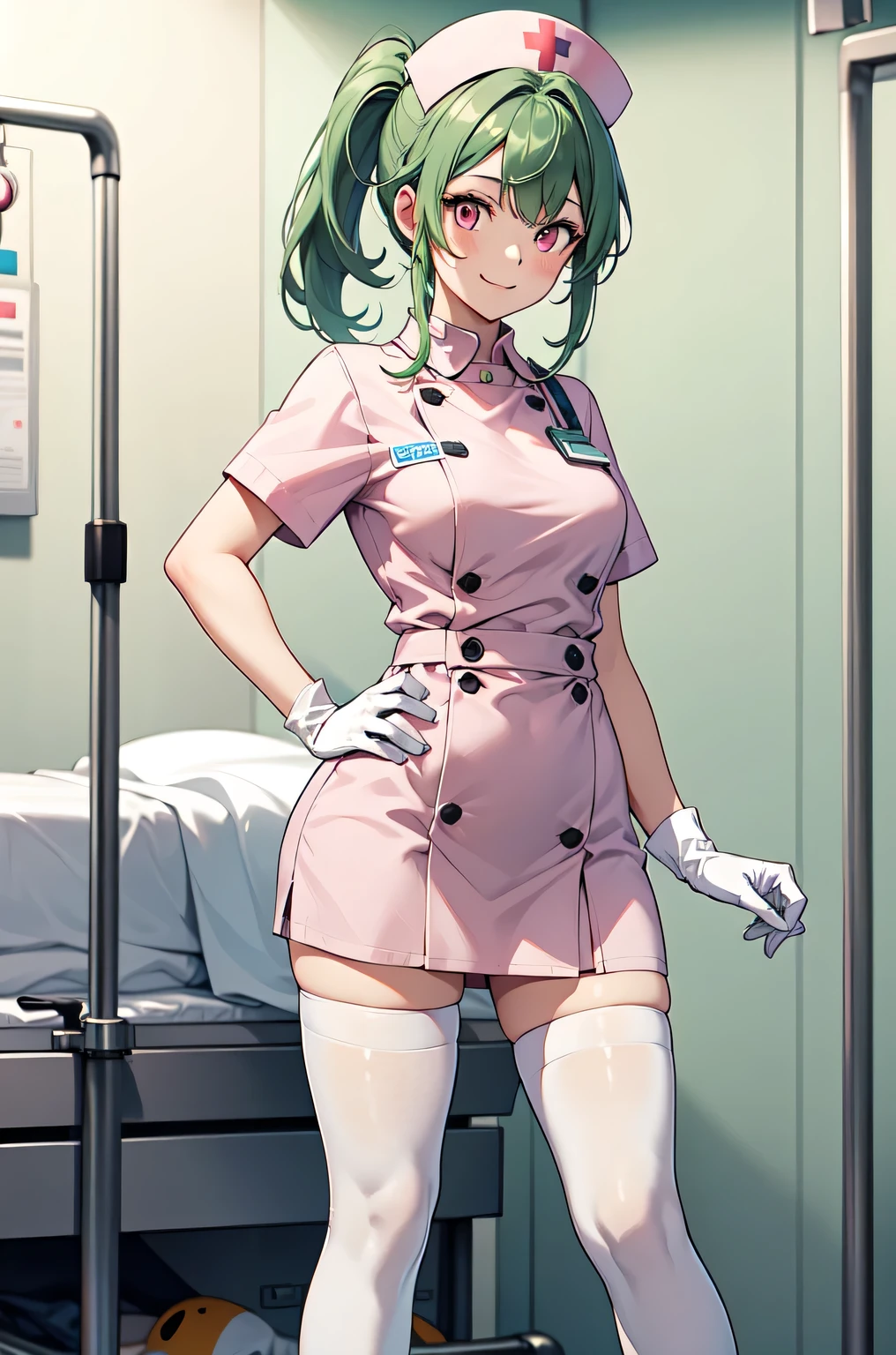 1girl, solo, nurse, nurse cap, white nurse uniform, ((white legwear, zettai ryouiki)), white gloves, ponytail, green hair, pink eyes, smile, standing, ((hospital room)), sharp outline, short sleeves, best quality, masterpiece