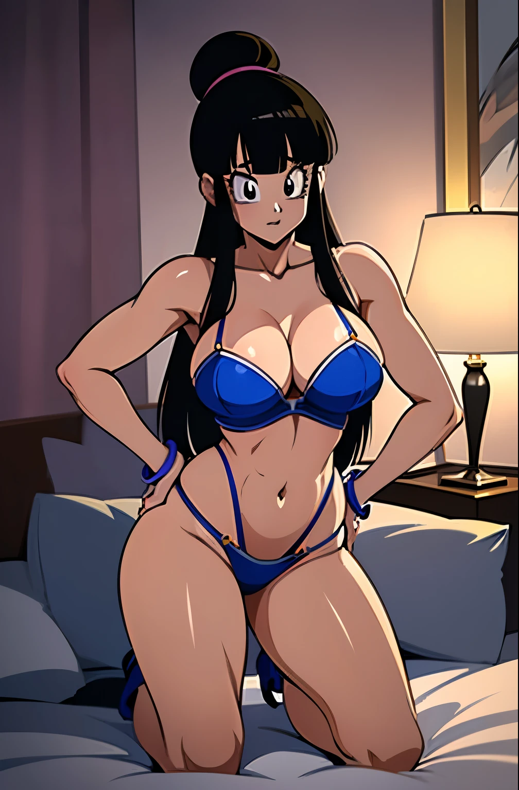 mejor calidad,4k,high resolution,obra maestra:1.2), (ultra detallado), (sin ropa) (NSFW not safe for work art) (acostada en cama, Fondo), (Chichi) (Dragon Ball Z Settings), (pose sexual), (realista,photorealista,photo-realista:1.37), (hdr,HD), (retrato), (vivid colors), (Piernas largas), (cara claramente alargada), (Hermosos ojos detallados), (hermosos labios detallados), (ojos y rostro extremadamente detallados), (long eyelashes), (Sharp focus), (physically based rendering),(sin ropa), (abierta las piernas), (intense), (expression of intense desire), (Desenfoque de movimiento), (elegante), (Figura delgada), (inspirado en anime), (luces brillantes), (sexual), (colores contrastantes), (ambiente misterioso), (action packed scene), (Unique style), (llamativo), (Apuesto), (evocador), (expresivo), (Intriguing atmosphere),