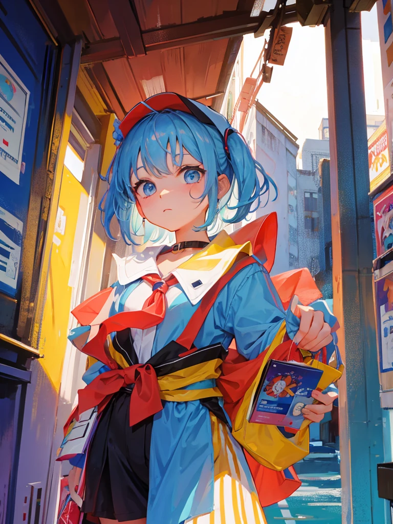 it's raining、cyber punk、Street Corner、One girl、Holding an umbrella、Gray Hair、Hair tied up、Jeans shorts、Light blue hoodie、Pink sneakers、Open mouth smile、Highest品質, High definition, Ultra-fine, Highest_detailed