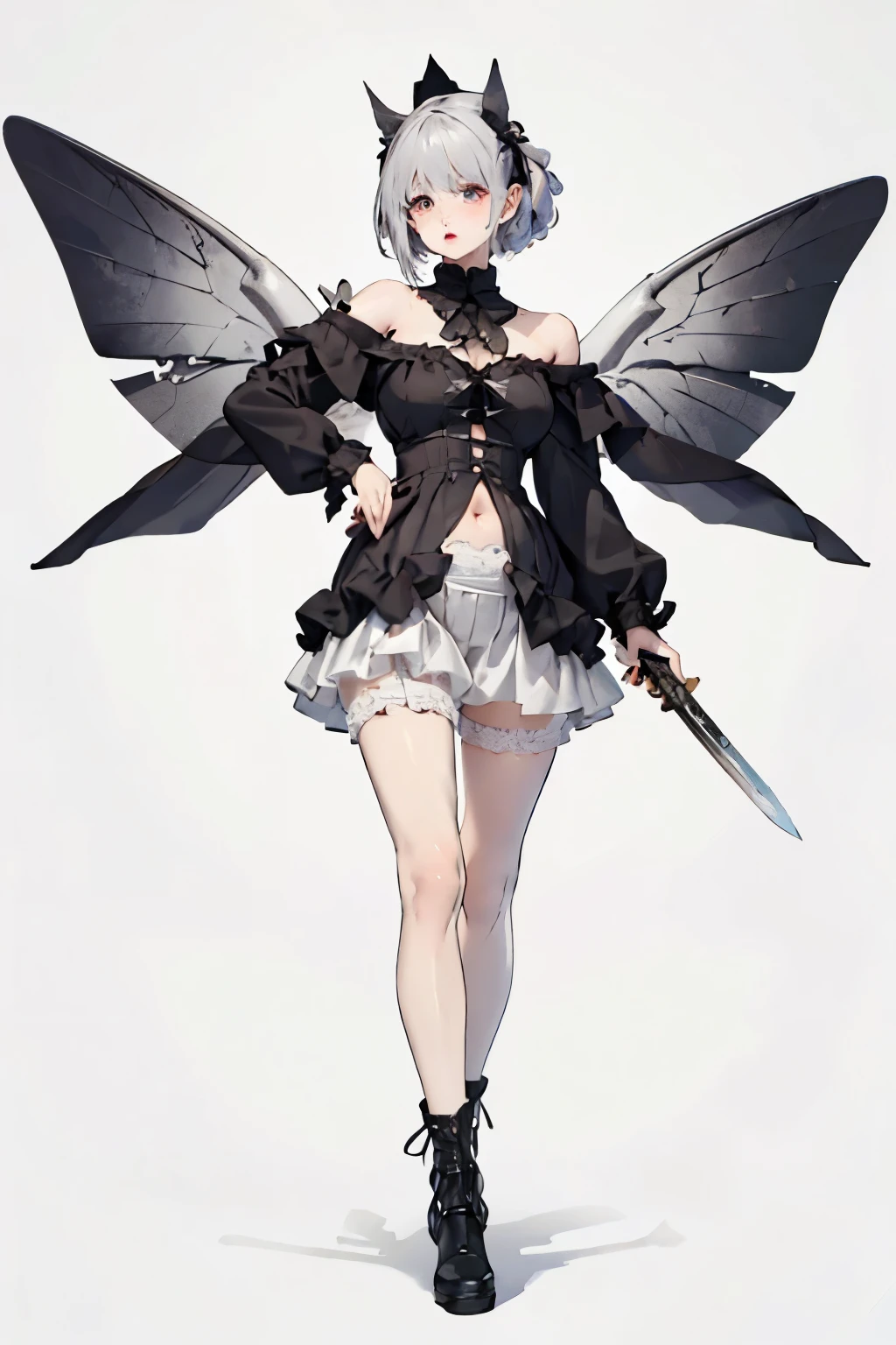 ((best quality)), ((masterpiece)), (detailed), 1girl, off-shoulder, Character design, female, dynamic poses, long white grey hair, grey white eyes, very skinny, detailed, best quality, no accesoires around the neck, no shoes, prominent collarbones, skinny arms, flat stomach, visible hip bones, full body, blank white background, plain background, white background, red and white clothing, Bloodborne inspired, occult aesthetic, occult, detailed and intricate steampunk and detailed gothic, NSFW, Very dramatic and cinematic lighting, cosmic horror, grim-dark, side-lighting, perfect face, NSFW, Fluttering lace flared long knee length dress with frilly petticoats, knee length dress, pleated petticoats, petticoats gothic, complex lace boots, side-lighting, gothic lolita aesthetic, wielding a mighty sword with mechanical components, various different types of insect wings, NSFW, full body, whole body, body, plain background, white background, blank background, no background, white background NSFW, chains, full body, whole body, head-to-toe NSFW