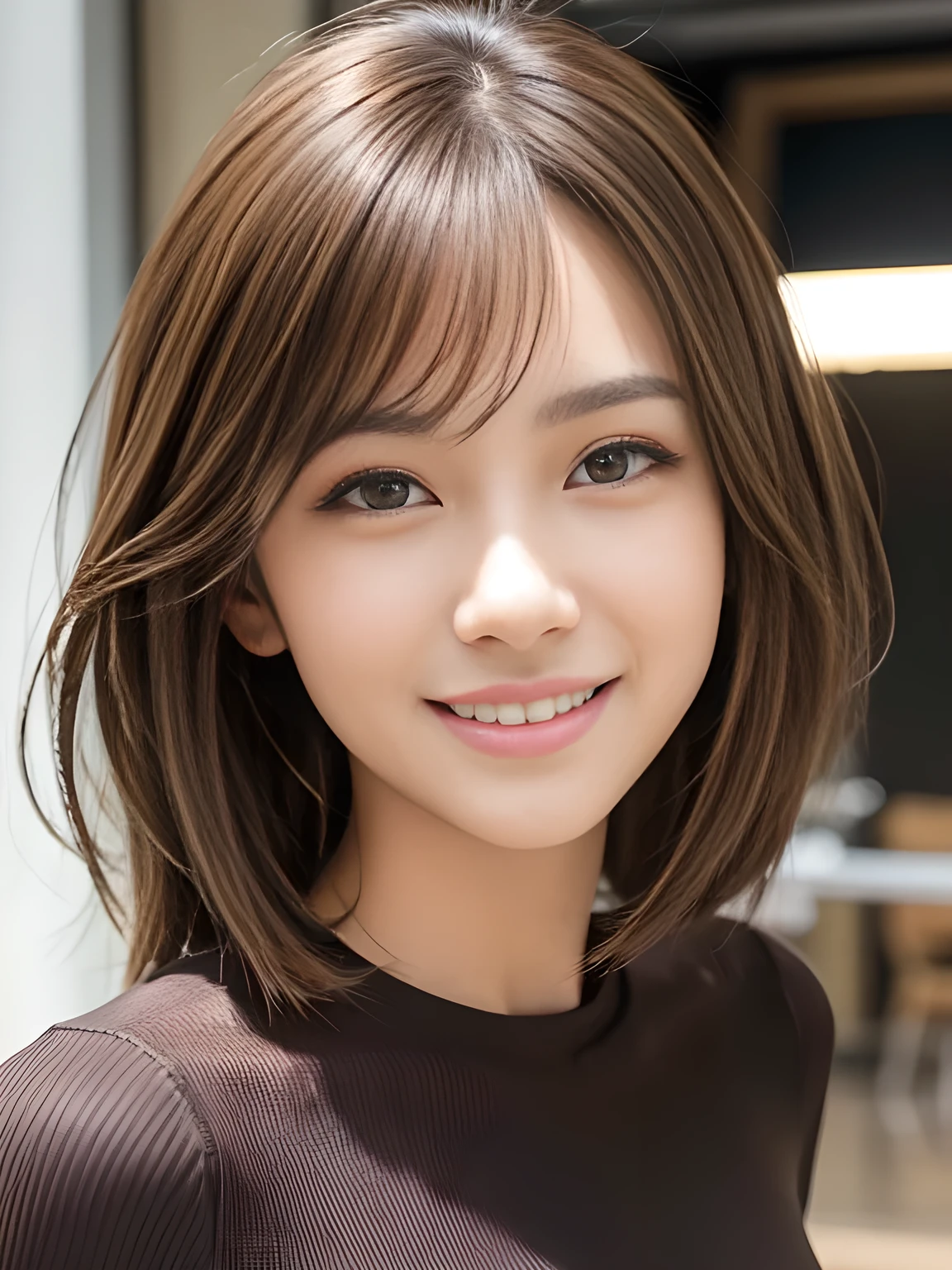 masterpiece, best quality, ultra-detailed, intricately detailed hyperdetailed, realistic, sharp features, highly detailed, sharp focus, (18 years old:1.3), perfect face, perfect symmetrically eyes, perfect full lips, hyper detailed, hyper realistic, high resolution, Fashion Model, Slender, Japanese Idol, brown hair, Stylish, Realistic, Photorealistic:1.3, Beautiful Face, light brown hair, messy hair, Beautiful hairstyle, Neat clothes, (grin), (tight fitting tops:1.2),