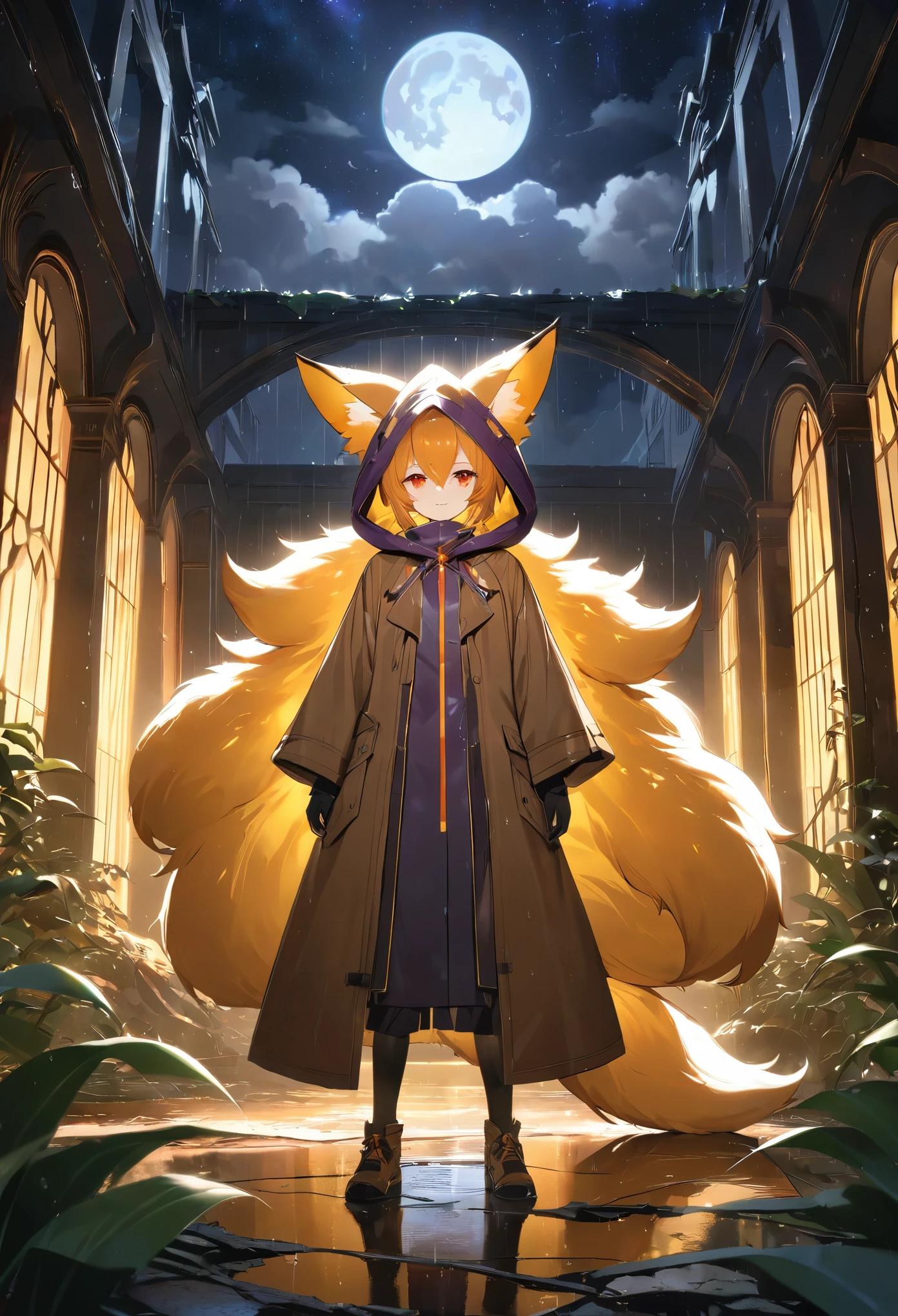 masterpiece, best quality, 4K,Ultra-delicate, Shota the fox, solo, Skin fur, Golden fur, Golden yellow face fur, Red eyes, Brown elements on fur, Brown coat brown hood up, Beautiful lights and shadows, Ambient light, Ultra-fine fur, natural lighting, Fluffy tail, Dilapidated building, Plant elements in ruins, Night, starry sky, Shiny hair(moon full, meteors)Star cloud, Warm light source, Rained, wet clothes(overcast sky, Standing downpour)Extra-long sleeves, Purple and orange, Complicated details, Volumetric lighting, Dynamic configuration, luminous lighting, Atmospheric lighting, dream magical, magic, Glowing light,