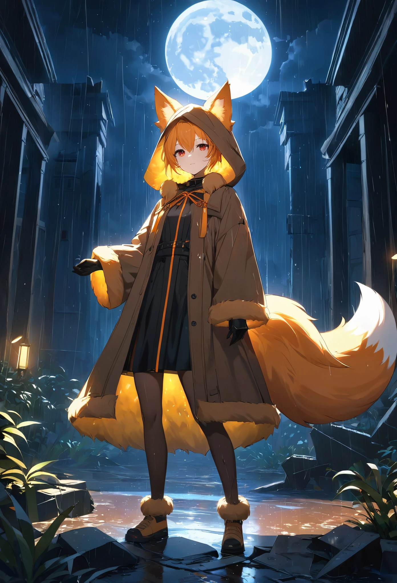 masterpiece, best quality, 4K，Ultra-delicate, Shota the fox, solo, Skin fur, Golden fur, Golden yellow face fur, Red eyes, Brown elements on fur, Brown coat brown hood up, Beautiful lights and shadows, Ambient light, Ultra-fine fur, natural  lighting, Fluffy tail, Dilapidated building, Plant elements in ruins, Night, starry sky, Shiny hair(moon full, meteors)Star cloud, Warm light source, Rained, wet clothes(overcast sky, Standing downpour)Extra-long sleeves, Purple and orange, Complicated details, Volumetric lighting, Dynamic configuration, luminous lighting, Atmospheric lighting, dream magical, magic, Glowing light,