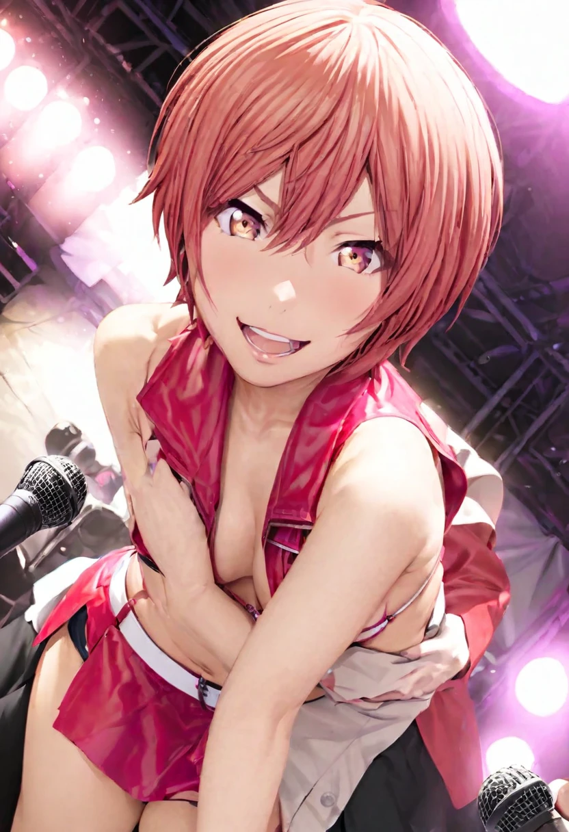 tenma_tsukasa, MEIKO, 2 characters, 1 male, 1 female, microbikini, large breasts, hugging each other, looking at viewer, opened mouth, blushing, gently smiling, mature, on a concert stage, stage lights, bewitching thighs, wearing a microphone headset, {detailed light}, cute face, luster on clothes, wrinkles on clothes