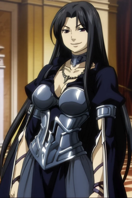 masterpiece, best quality, high quality details, 1girl, solo, breast, long hair, dress, purple eyes, very long hair, black hair, choker, collarbone, fingerless gloves, smile, bracelet, armor, upper body, breastplate, cleavage, necklace, jewelry, smile,