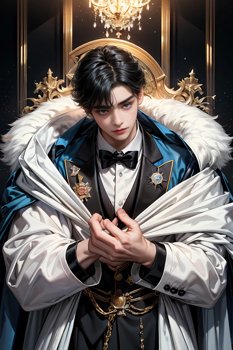 masterpiece, 最high quality, high quality, 1 boy, alone, Male focus, Watching the audience, Messy black hair, Adorable big blue eyes, White, Noble, Noble,Sexy voluminous cape、Tuxedo、A very voluminous, large, very large, very large, long, long red and black cape with a high stand-up collar, reaching down to the floor, made of a lot of fabric., 17 years old,Cute beautiful boys,Cute, cute, kind, handsome guy