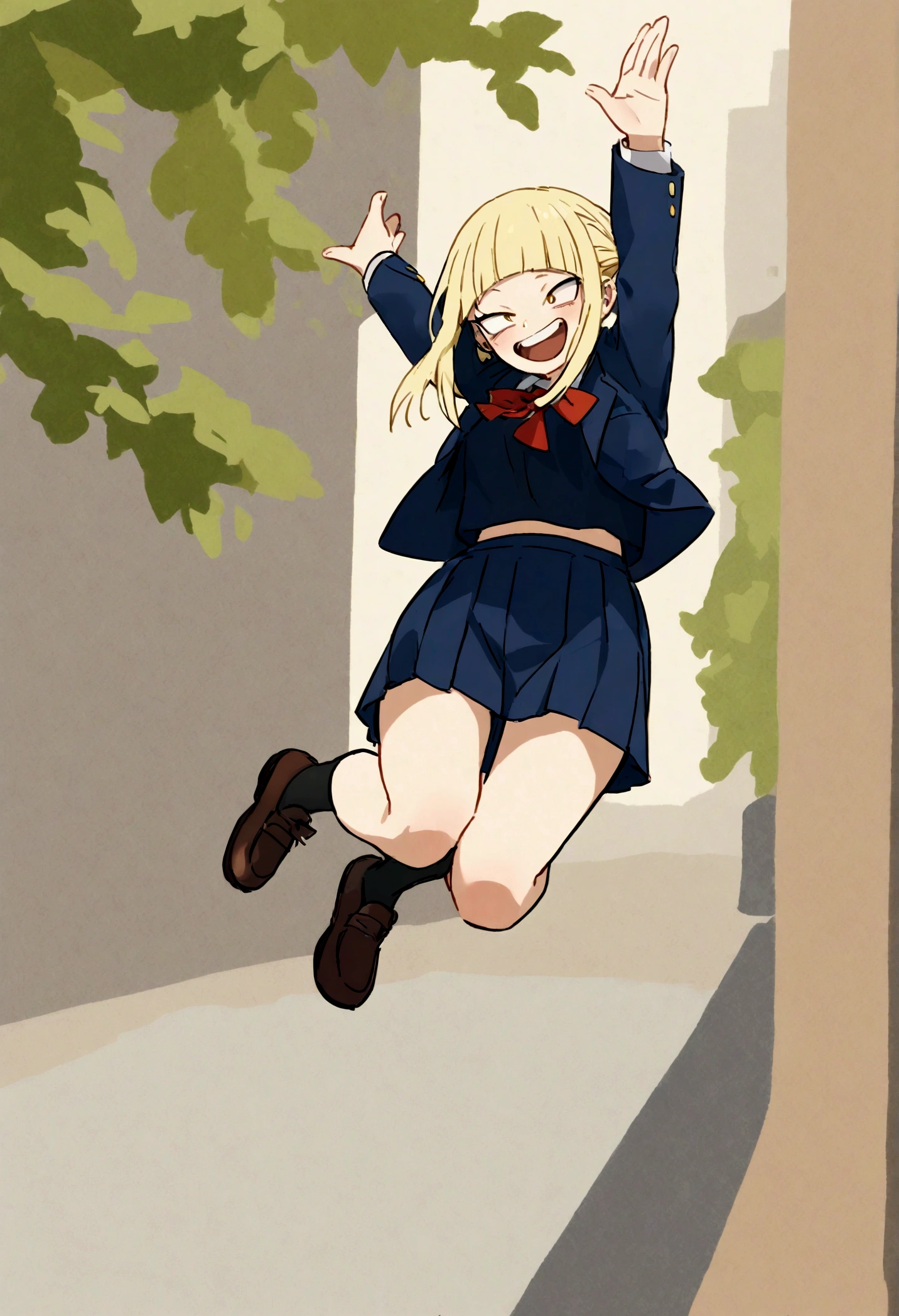 toga from my hero academia, full body jumping, school dress, happy face, cute face.