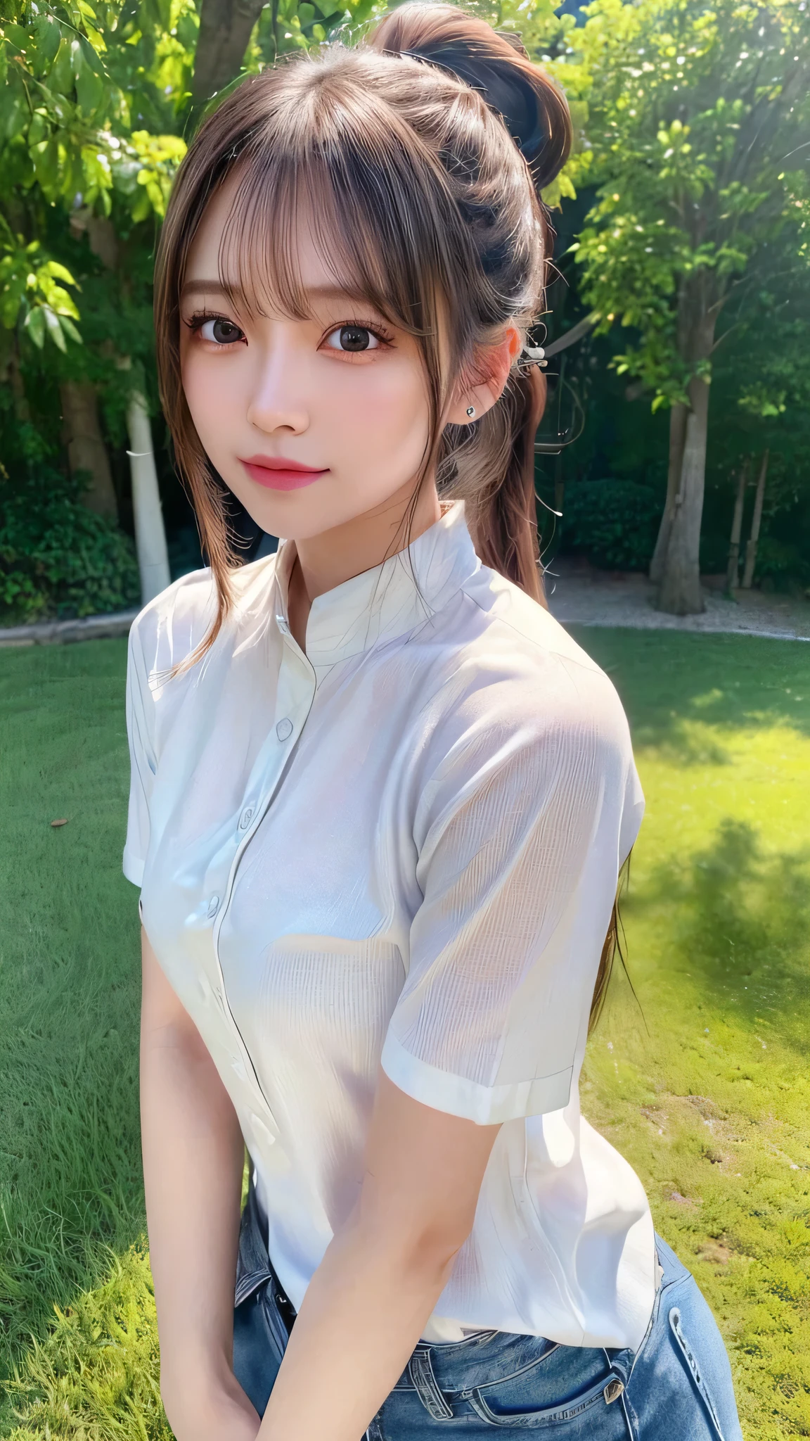 White collared shirt and jeans,outdoors,Urban Park,On the lawn,Ultra-detailed, finely detail, hight resolution, 8K Wallpaper, Perfect dynamic composition, Beautiful detailed eyes,Outdoor,Close-up of face,Outdoor,Blushing,Facing forward,,Long hair ponytail,((8K, Raw photo, Best Quality, Mastepiece:1.2), (Realism, Photorealistic:1.4), (Highly detailed 8k wallpaper), Depth of written boundary, Cinematic Lighting, Soft Light, Detailed Beauty Eye,Shiny and smooth light brown ponytail, Asymmetrical bangs, Shiny skin, Ultra-detailed skins ,It is high resolution., High detail, Detailed hairstyle, Detailed facial beauty, Hyper-realistic, Perfect limbs, Perfect Anatomy ,1 Japanese girl,Famous Japanese Idols, Perfect female body,A shy smile,Short eyelashes,Double-edged eyelids,Look straight here,Hair style: ponytail,