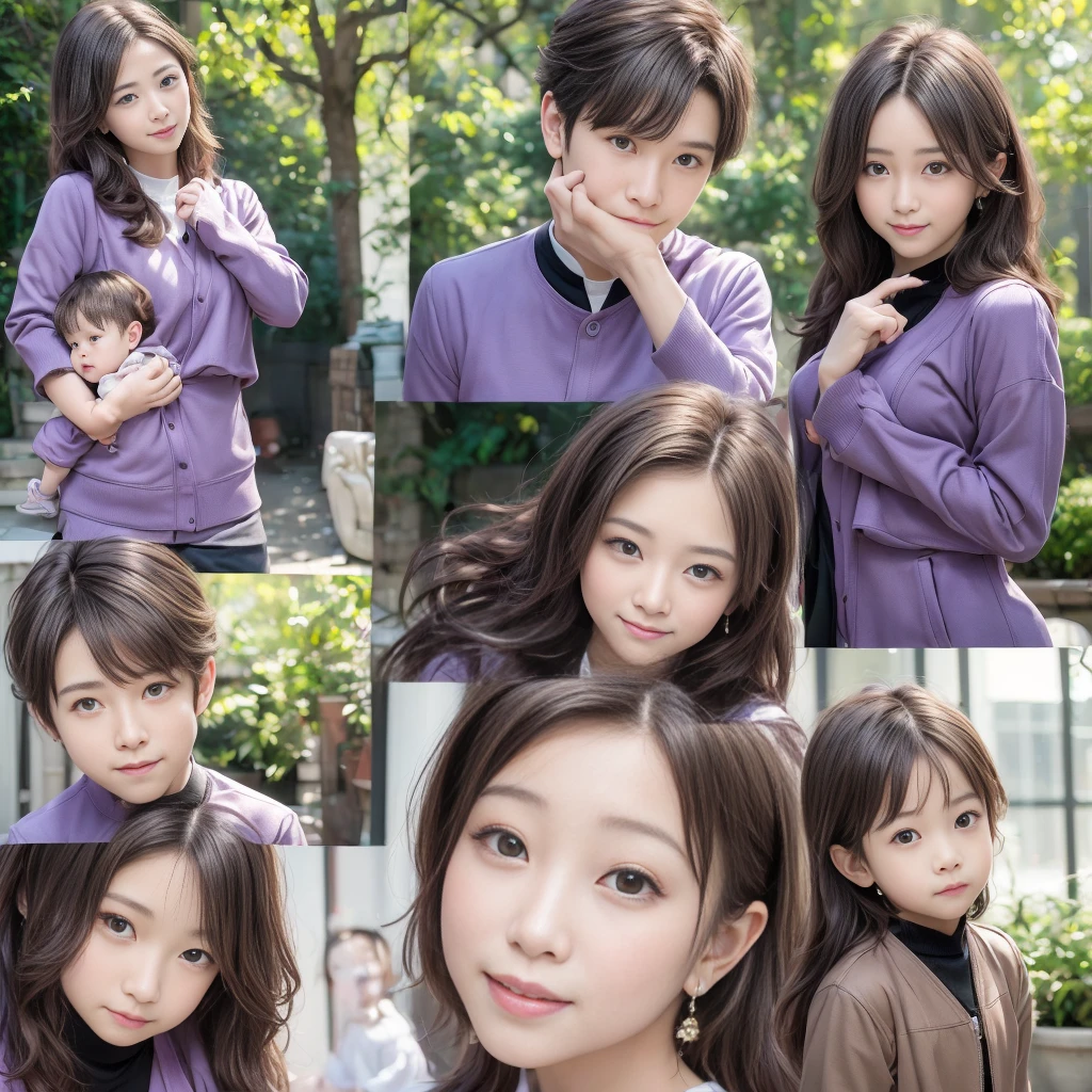 highest quality，masterpiece，超A high resolution，Perfect Anatomy,（Faithfulness：1.4），RAW Photos，smile，Children of short-haired boys，Woman with long hair and 2 year old boy with short hair，a woman and small boy, Mom and short-haired son,Gorgeous Mother And Smiley Boy,（Big tree々Parks with）(((Big treeの後ろに隠れている母)))、(hide and seek）Cowboy Shot,Cinema Lighting，Fashion model parents，Adorable，, (Browsing Caution:1.2)、(Black-haired baby looking for his mother)、(Short bob mom and short haired son)、（Mother in a brown jacket and son in a purple jacket）