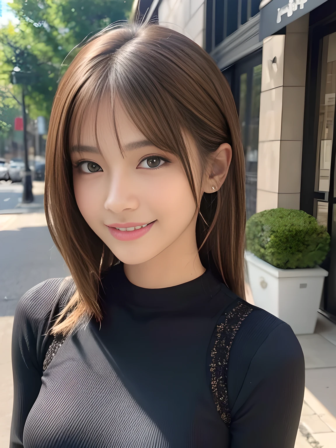 masterpiece, best quality, ultra-detailed, intricately detailed hyperdetailed, realistic, sharp features, highly detailed, sharp focus, (18 years old:1.3), perfect face, perfect symmetrically eyes, perfect full lips, hyper detailed, hyper realistic, high resolution, Fashion Model, Slender, Japanese Idol, brown hair, Stylish, Realistic, Photorealistic:1.3, Beautiful Face, light brown hair, messy hair, Beautiful hairstyle, Neat clothes, (grin), (tight fitting Black tops:1.2),
