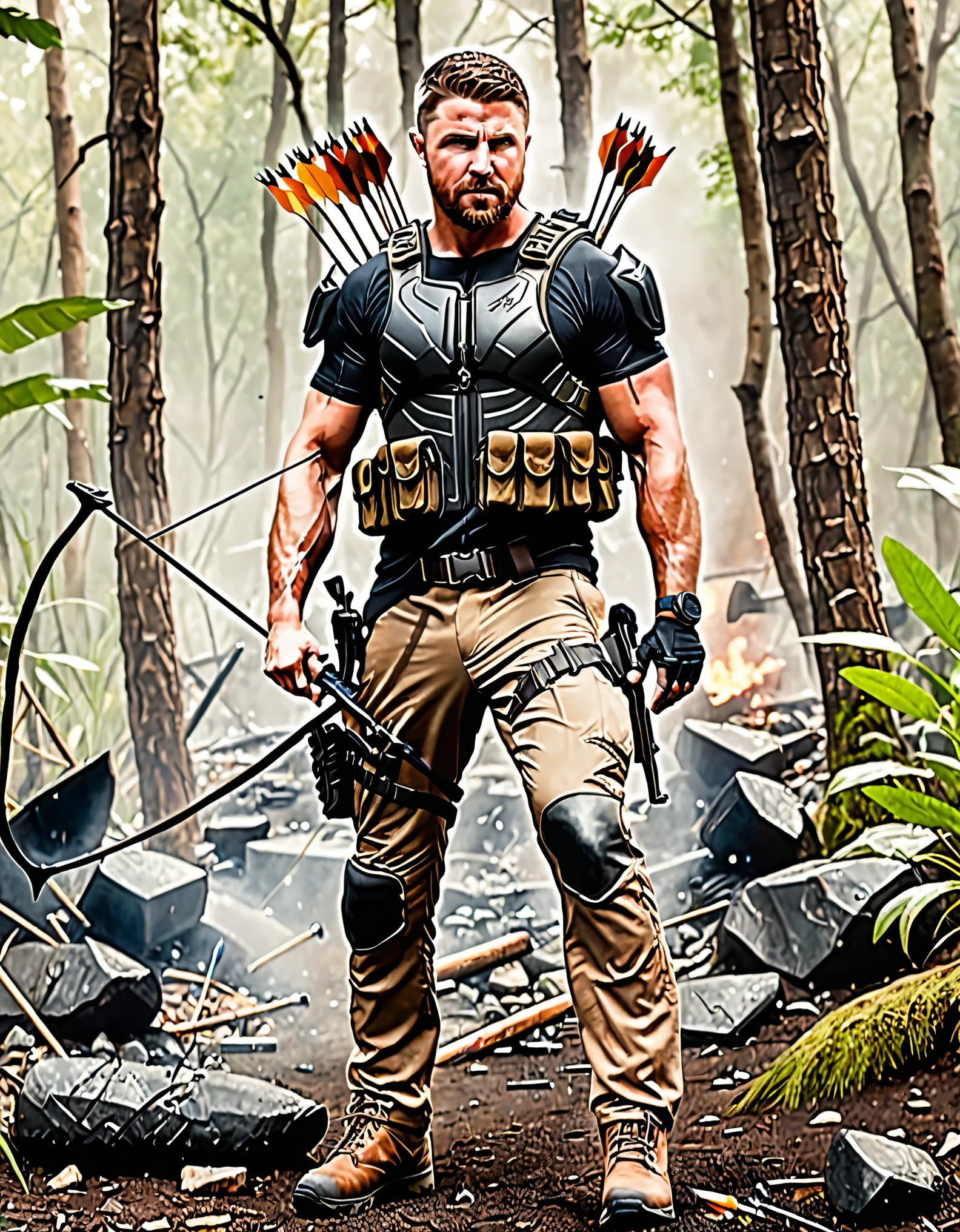 boots, canadian male, full body, standing, weapon, (holding bow \(weapon\), compound bow \(weapon\), arrow \(projectile\), holding arrow, drawing bow, archery), knee pads, male focus, tactical gear, reddish-brown hair, facial hair, solo, standing, drop-down pistol holster, jungle background, battle, tanks, explosions, gritty war-torn atmosphere, black ops, (stephen amell:0.5)