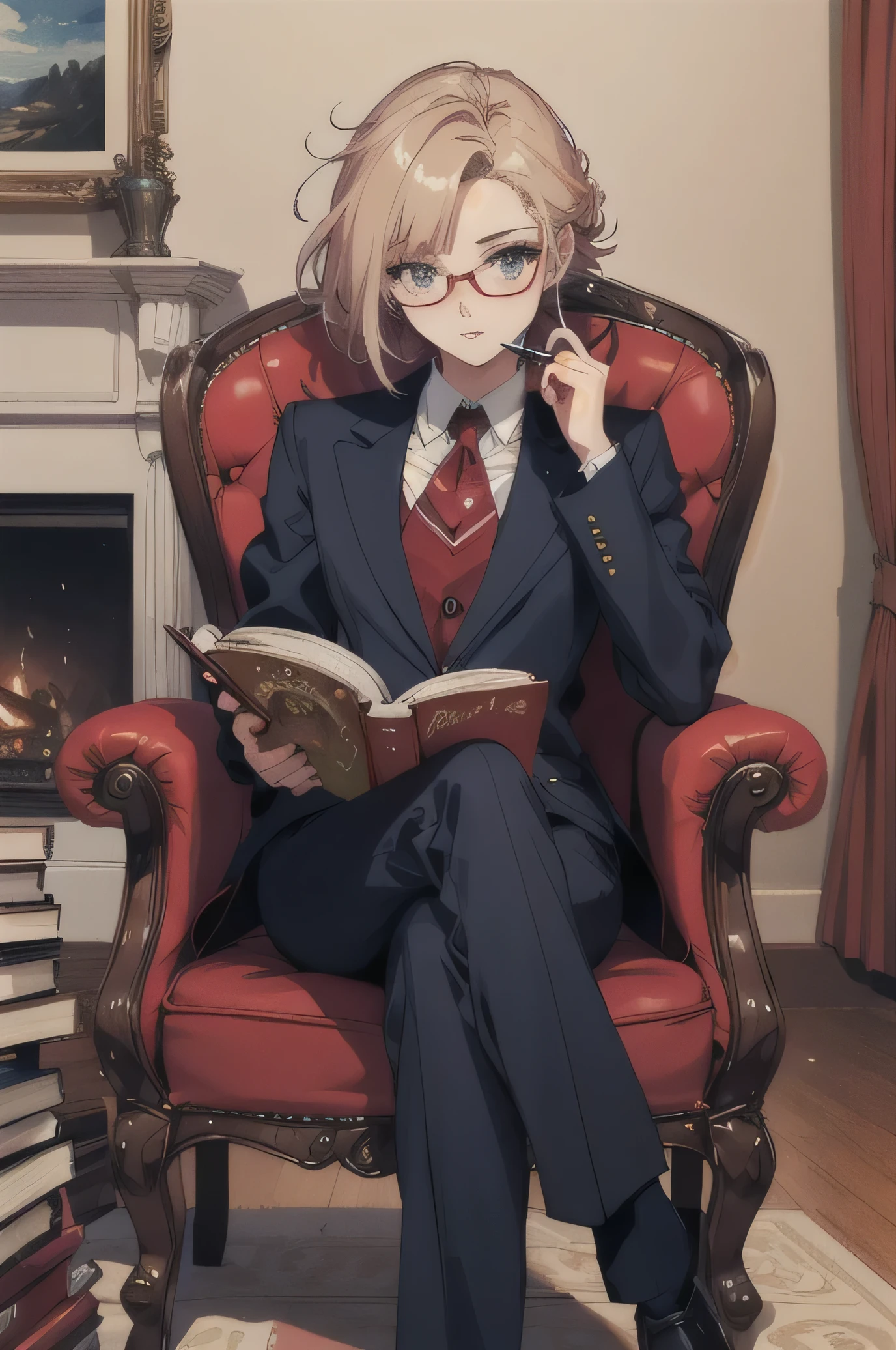 ((best quality)), ((masterpiece)), (detailed), narrator, girl with glasses, refined suit, well groomed hair, pen, holding book, sitting in red chair, fireplace, ((detailed anime art)), ((digital anime art))