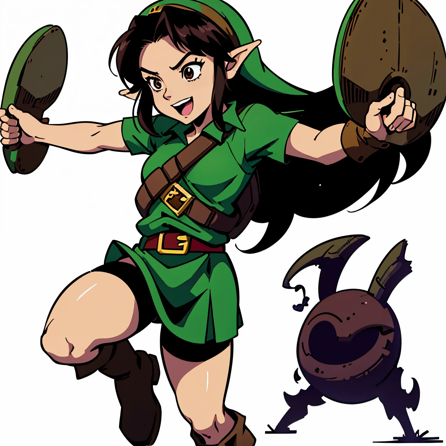 A woman, with cosplay of Link, laughing, black long hair, brown eyes, sticky image with torso up, cartoon art, white background, character from the legend of zelda