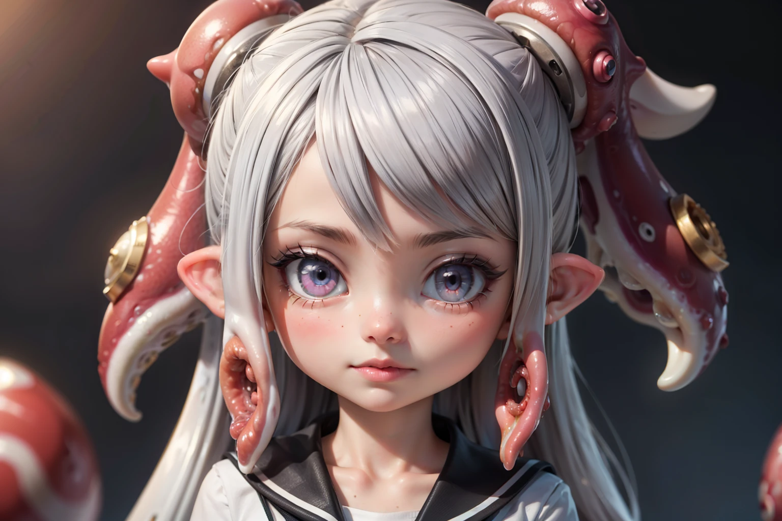 8k, highest quality, masterpiece, Very detailed, Ultra-high resolution, Realistic, RAW Photos, Absolute Resolution, face is small compared to body, Very small face, Splatoon Girl、Metallic grey tentacle hair, Wearing a high school girl's sailor uniform, Anime 2D Rendering, Realistic若いアニメの女子高生, ((golden headband)), Gazes sweetly at the viewer、Golden Eyes, gigantic breast, Cleavage、expensive, Slanted Eyes, (School Scene), Black Stockings, Bright colors, Open your mouth, blush、Dark Blue Micro Mini Skirt, Bobcut, position looking down from above, Bend your knees, sit, Flowers blooming on the ground, Bend your knees, sit, Flower storm、