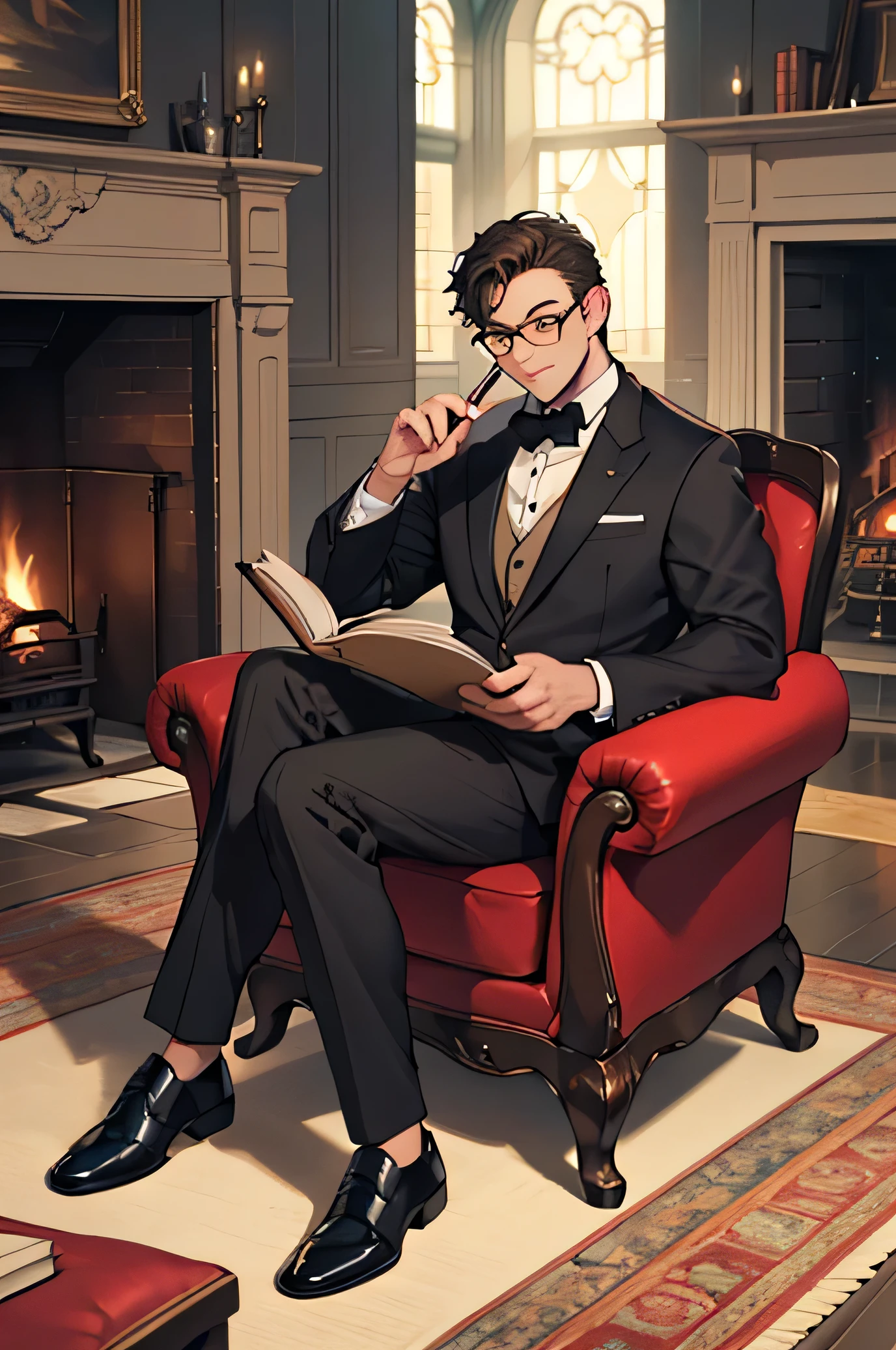 ((best quality)), ((masterpiece)), (detailed), narrator, man with glasses, refined suit, well groomed hair, pen, holding book, sitting in red chair, fireplace