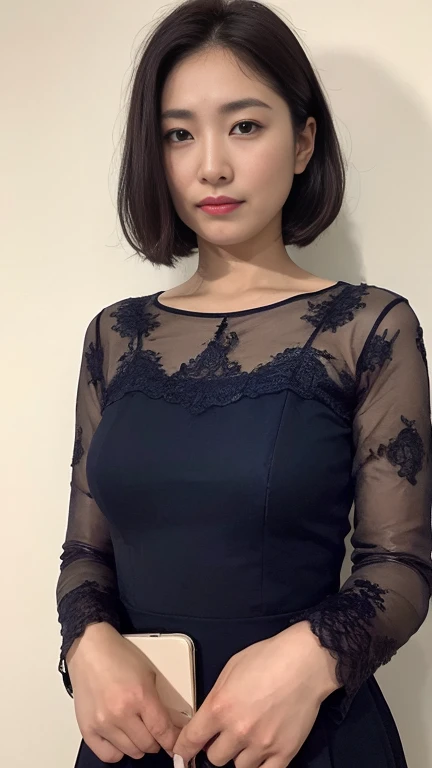 highest quality,masterpiece,Ultra-high resolution,(Realistic:1.4),Beautiful lighting, (Highly detailed CG Unity 8k wallpaper), Beautiful face in every detail,Detailed clothing, 50mm portrait photography, No background、One Girl,Big black eyes, cute, young, Pause, Facial Lighting, Physically Based Rendering,Written boundary depth , Black Hair, short hair, ((Take from above)), Japanese women、20-year-old、Navy blue long sleeve lace dress、(Big Breasts)、(Upper Body)、Beautiful young woman taking a selfie, Taken with iPhone camera、In front of a white wall
