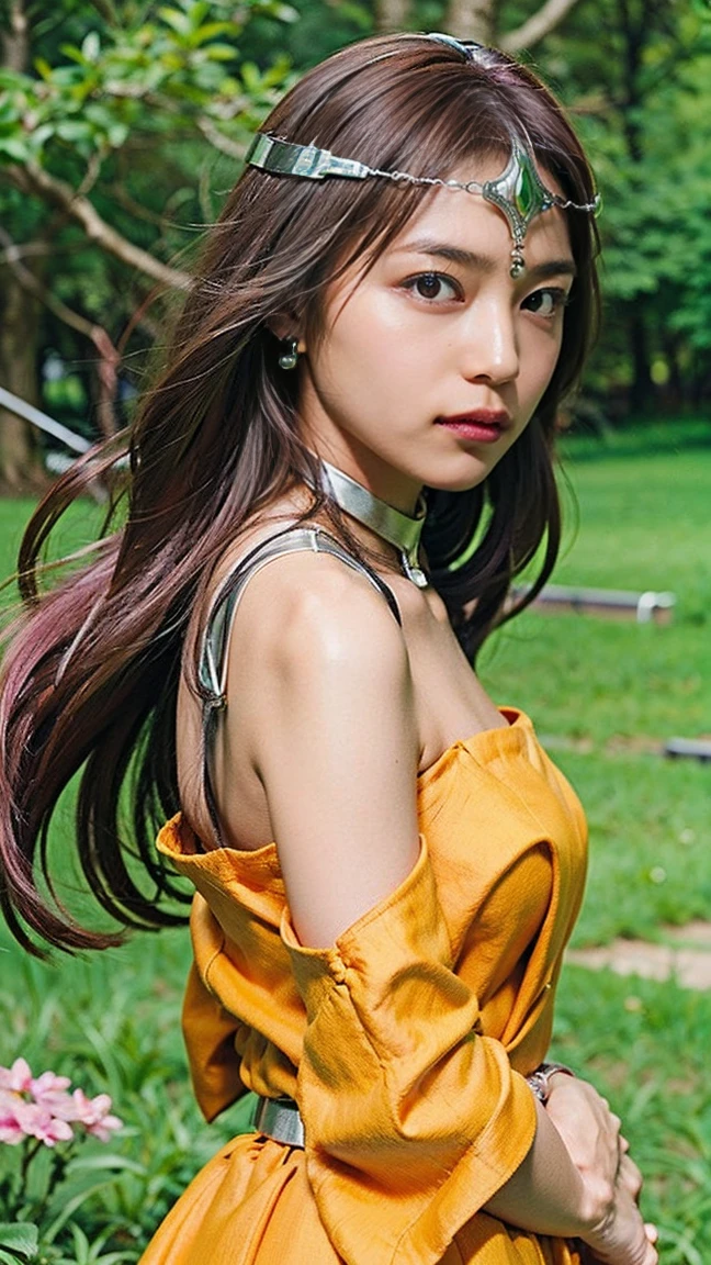 High resolution、masterpiece、1 Japan Beautiful Girl、18-year-old high school student、DQ Minnea, Purple Hair、Circlet, Earrings, choker, bracelet, Small breasts、Beautiful cherry-colored areola、????? nipples、Narrow waist、Shaved、Orange Dress、The dress is designed with no underwear underneath、No underwear、Lifting her dress to expose her private parts、Being in a fierce storm、Gust of wind、Her dress is open wide, exposing her breasts.、Shoots curved blades of light from his hands、Light green magic circle、A big tornado、Countless curved blades of light、The curved blade cuts through the air