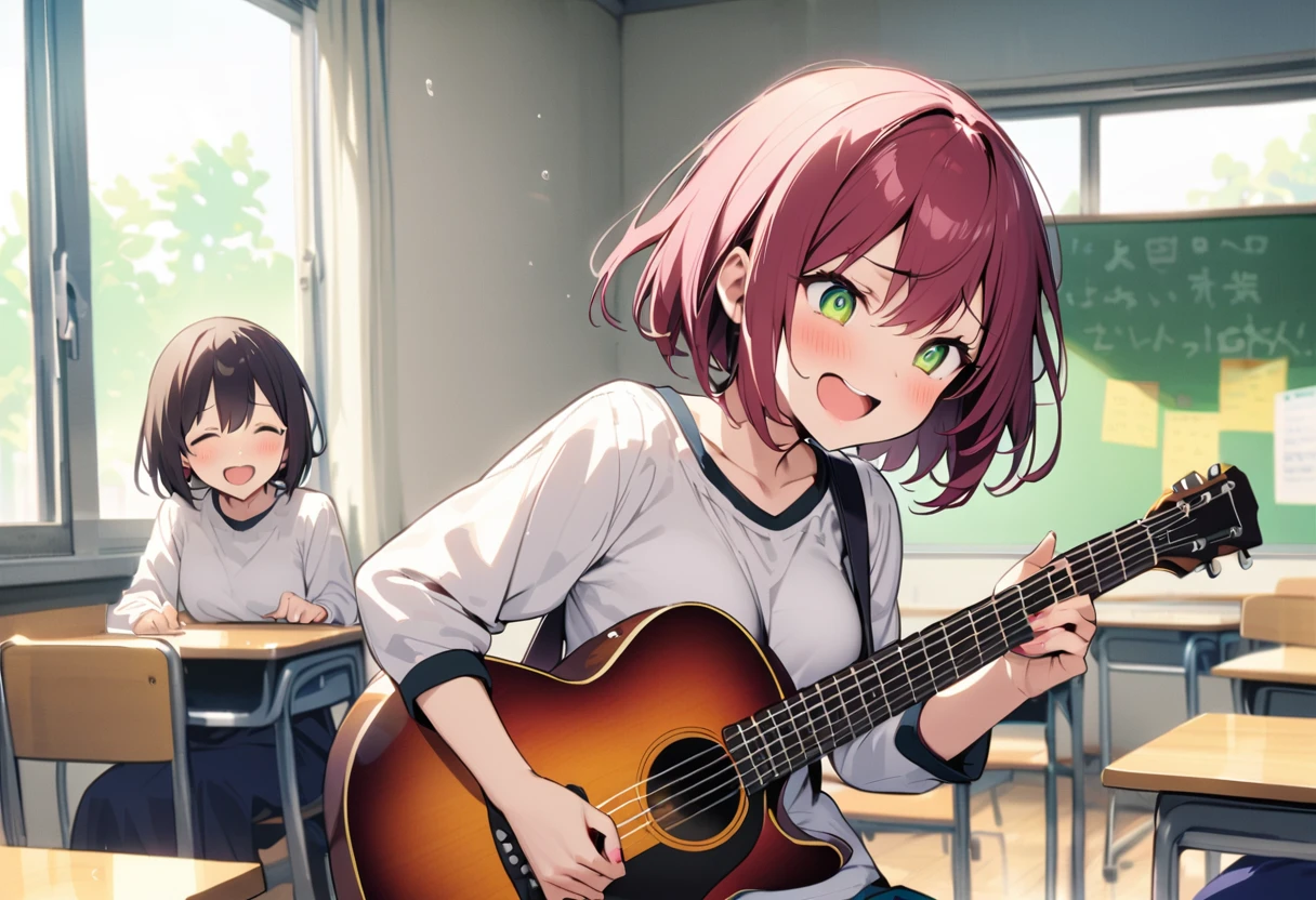girl、burgundy short hair、Lime green eyes、Big eyes、Droopy eyes、Slim body、
I have a guitar、classroom、Performance、Laughing happily