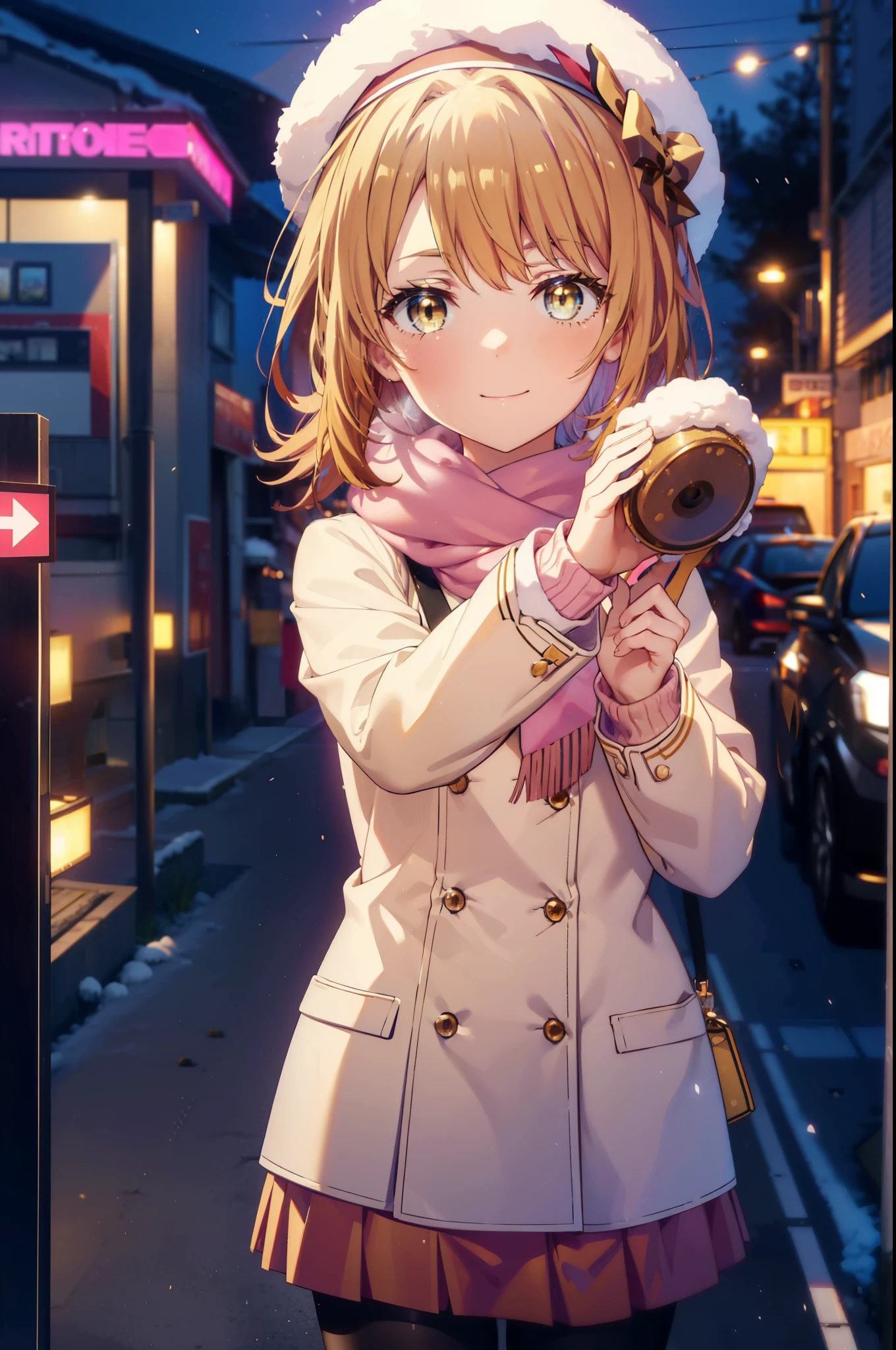 irohaisshiki, iroha isshiki, Long Hair, Brown Hair, (Brown eyes:1.5), Hair between the eyes, Pink Hair,happy smile, smile, Open your mouth,Knthatted hat,Yellow coat,Whthate scarf,Whthate sweater,He has fluffy gloves on both hands...,Long skirt,Black Pantyhose,short boots,Shirogane World,Snow is piling up,that'it's snowing,that'it's snowing,winter,Cold Sky,moonlight,full moon,night,
break looking at viewer, whole body, Upper Body,(Cowboy Shot:1. 5)
break outdoors, cthaty,Building Street,
break (masterpiece:1.2), highest qualthaty, High resolution, unthaty 8k wallpaper, (shape:0.8), (Beautiful and beautiful eyes:1.6), Highly detailed face, Perfect lighting, Extremely detailed CG, (Perfect hands, Perfect Anatomy),