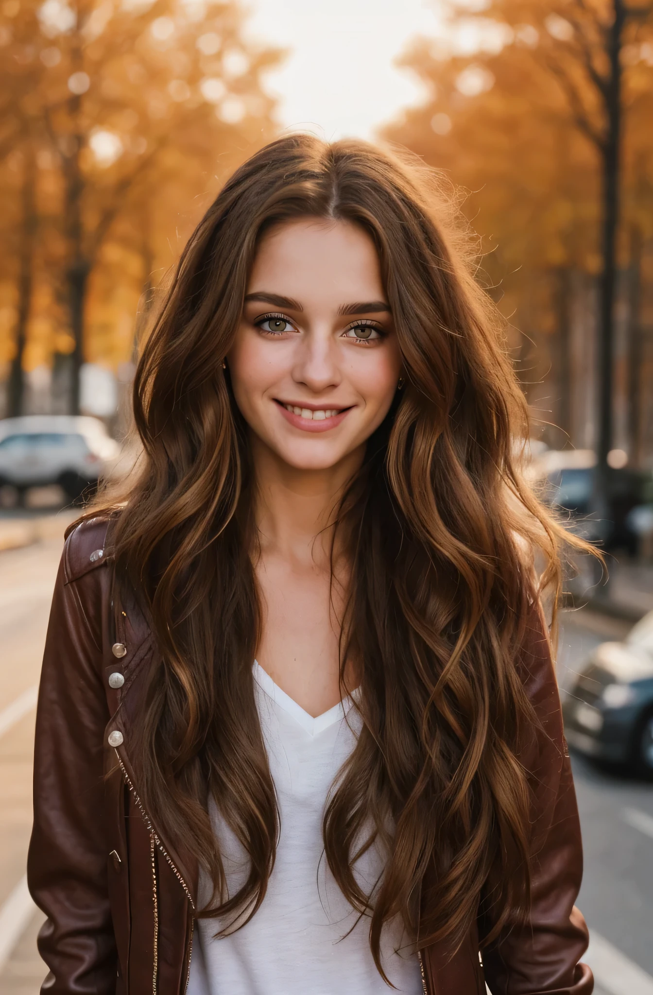 ((90's style)), ultra detailed photo of a beautiful woman with long hair, messy hair, wavy hair, brown hair, ultra detailed face, beautiful eyes with no makup, wearing leather jacket, cute sexy, standing in street, she smiled faintly and bowed her head, letting a lock of hair fall over one eye, deep shadows, rim light, warm natural colors, vivid vintage colors