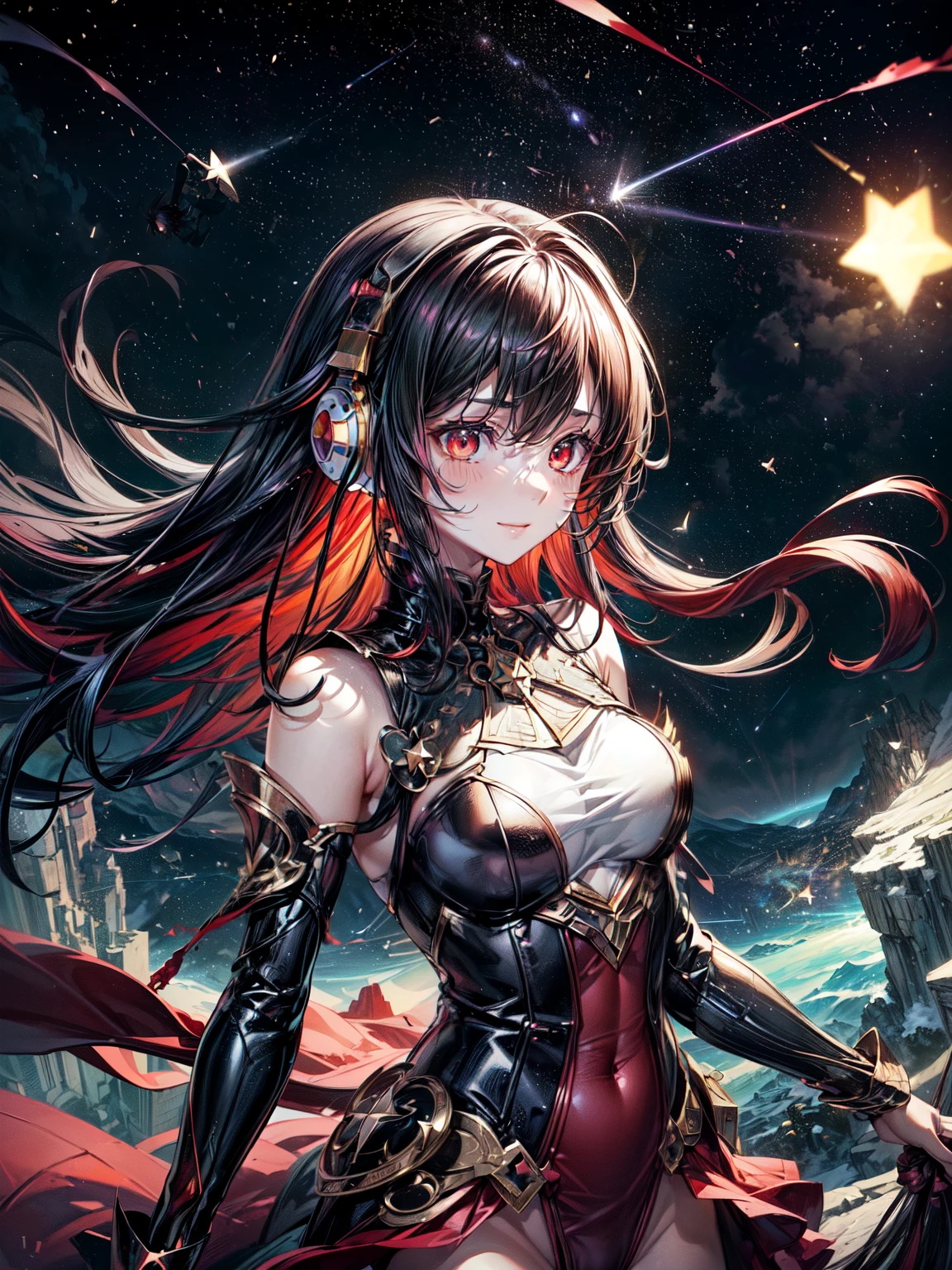 Highest quality、Highest quality、Masterpiece、girl((20-year-old、as soon as、Highest Bust、Medium Bust、Red glowing eyes、Black Ear、Red Mesh、Disheveled Hair、Loincloth、thin、The best valley、、Random Pause、smile、Headphones embarrassed face))、high quality、Beautiful Art、background((Collapsing Ground、no gravity、Floating Object、shooting star、universe、comet))、Depth((Earth))、flight、Flying Debris、Depth of text、movie、Visual Arts、Perfect Art、8K、Genuine、Special Angles