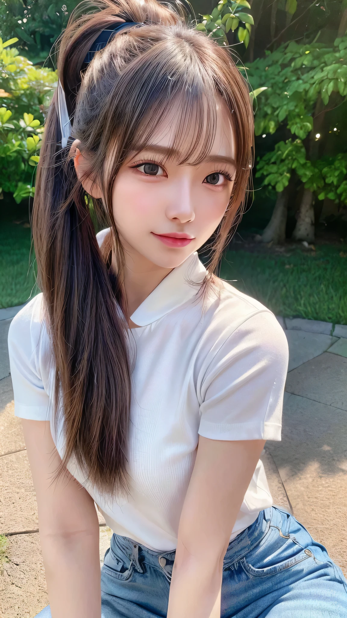 White collared shirt and jeans,outdoors,Urban Park,On the lawn,Ultra-detailed, finely detail, hight resolution, 8K Wallpaper, Perfect dynamic composition, Beautiful detailed eyes,Outdoor,Close-up of face,Outdoor,Blushing,Facing forward,,Long hair ponytail,((8K, Raw photo, Best Quality, Mastepiece:1.2), (Realism, Photorealistic:1.4), (Highly detailed 8k wallpaper), Depth of written boundary, Cinematic Lighting, Soft Light, Detailed Beauty Eye,Shiny and smooth light brown ponytail, Asymmetrical bangs, Shiny skin, Ultra-detailed skins ,It is high resolution., High detail, Detailed hairstyle, Detailed facial beauty, Hyper-realistic, Perfect limbs, Perfect Anatomy ,1 Japanese girl,Famous Japanese Idols, Perfect female body,A shy smile,Short eyelashes,Double-edged eyelids,Look straight here,Hair style: ponytail,