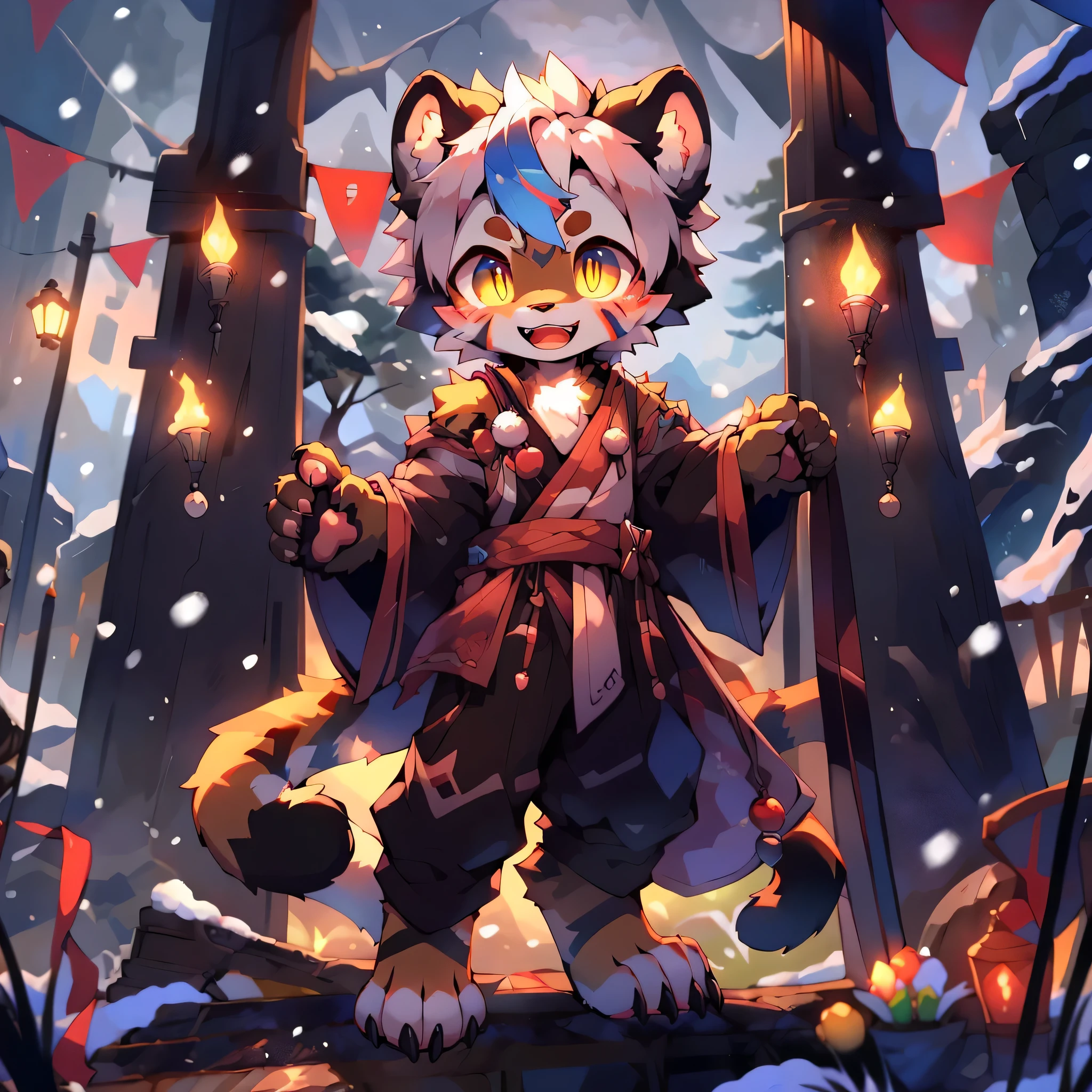 felid, pantherine, tiger, 4 toes, anthro, blush, blush lines, Short snow-colored hair, claws, digitigrade, kemono, male, open mouth, open smile, pawpads, paws, smile, snow, solo, striped body, striped fur, stripes toe claws, toes, translucent, translucent hair, young, facepaint, hair bobbles, gradient eyes, slit pupils, standing posture, UHD, ccurate, masterpiece, best quality, super detail, highres, 16k, textured skin