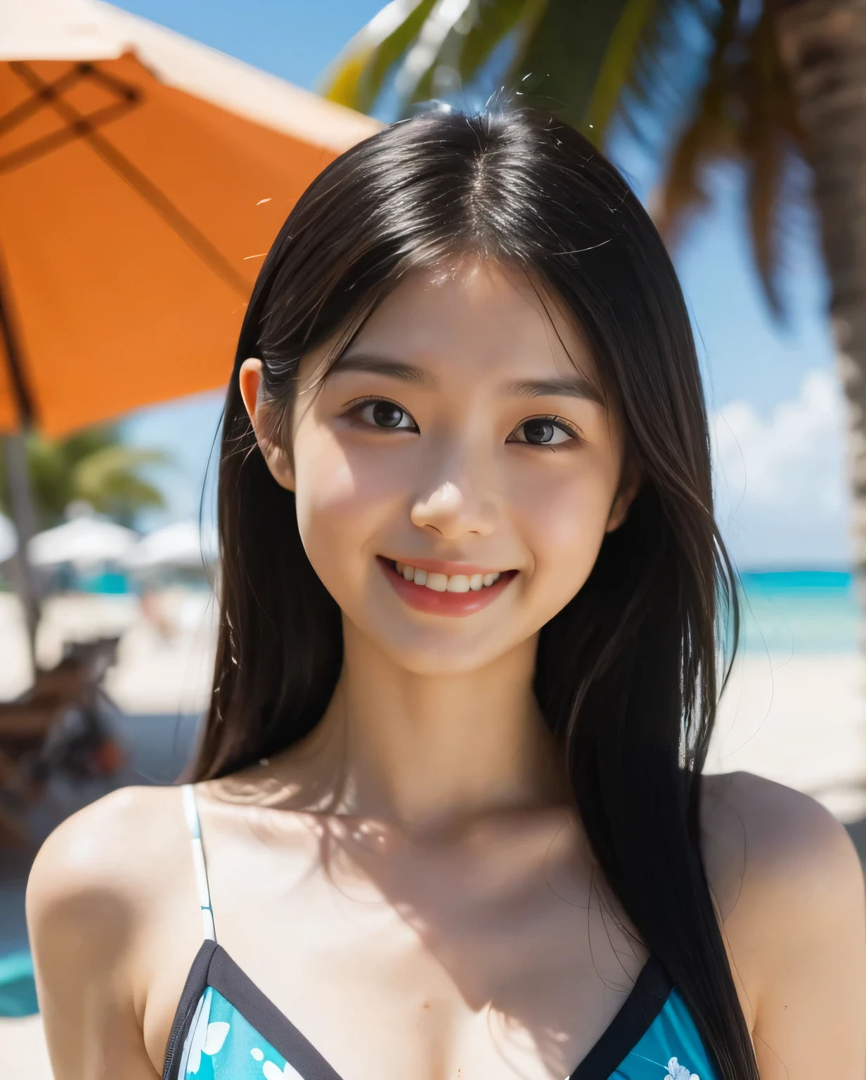 13 year old ??? model、(16k,8k、Best image quality, Best illustrations, Hyperrealistic Photography)、Swimsuit model:1.55,Japanese idol faces、(Cleavage:1.7)、Wearing a micro bikini:1.7、Shot on a beautiful Tahiti beach with crystal clear water and palm trees:1.7,(highest quality, High resolution, High resolution:1.2), 32k,16k,8k,Hyper Real、Very detailed, Realistic, Intricate details,Cleavage:1.33,No makeup、Professional Lighting、Photo album、Smiling for the camera、Full body photo:1.755