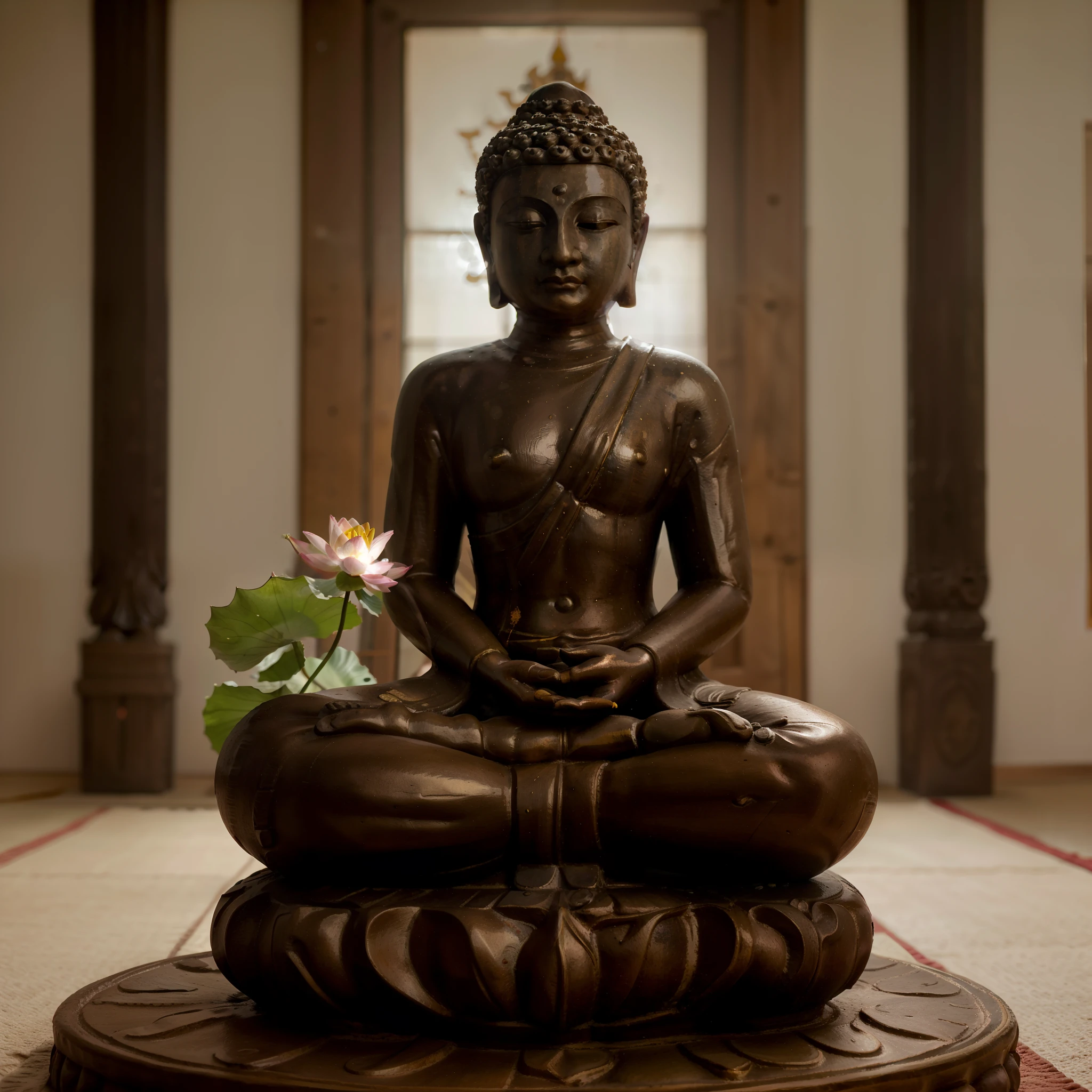 (high detailed image, high details), Buddha, Buddha's statue, there is a statue of a Buddha sitting on a red box, a statue inspired by Sesshū Tōyō, unsplash, figuration libre, standing gracefully upon a lotus, on the path to enlightenment, sitting on purple a lotus flower, on path to enlightenment, meditating in lotus position, floating in a powerful zen state, figure meditating close shot, Buddhism, Zen meditation, meditating pose, Hindu stages of meditation.