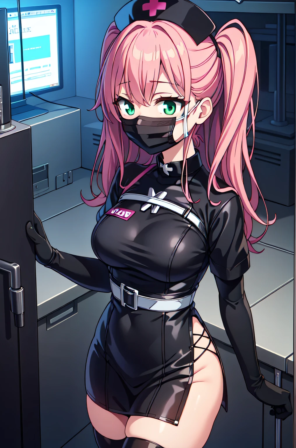 black nurse, 1woman, solo, black nurse cap, black nurse uniform, ((black legwear, zettai ryouiki)), black elbow gloves, pink hair, green eyes, drooping eyes, ((black surgical mask, covered nose)), standing, ((surgery room)), sharp outline, short sleeves, mature female, 32 years old, best quality, masterpiece