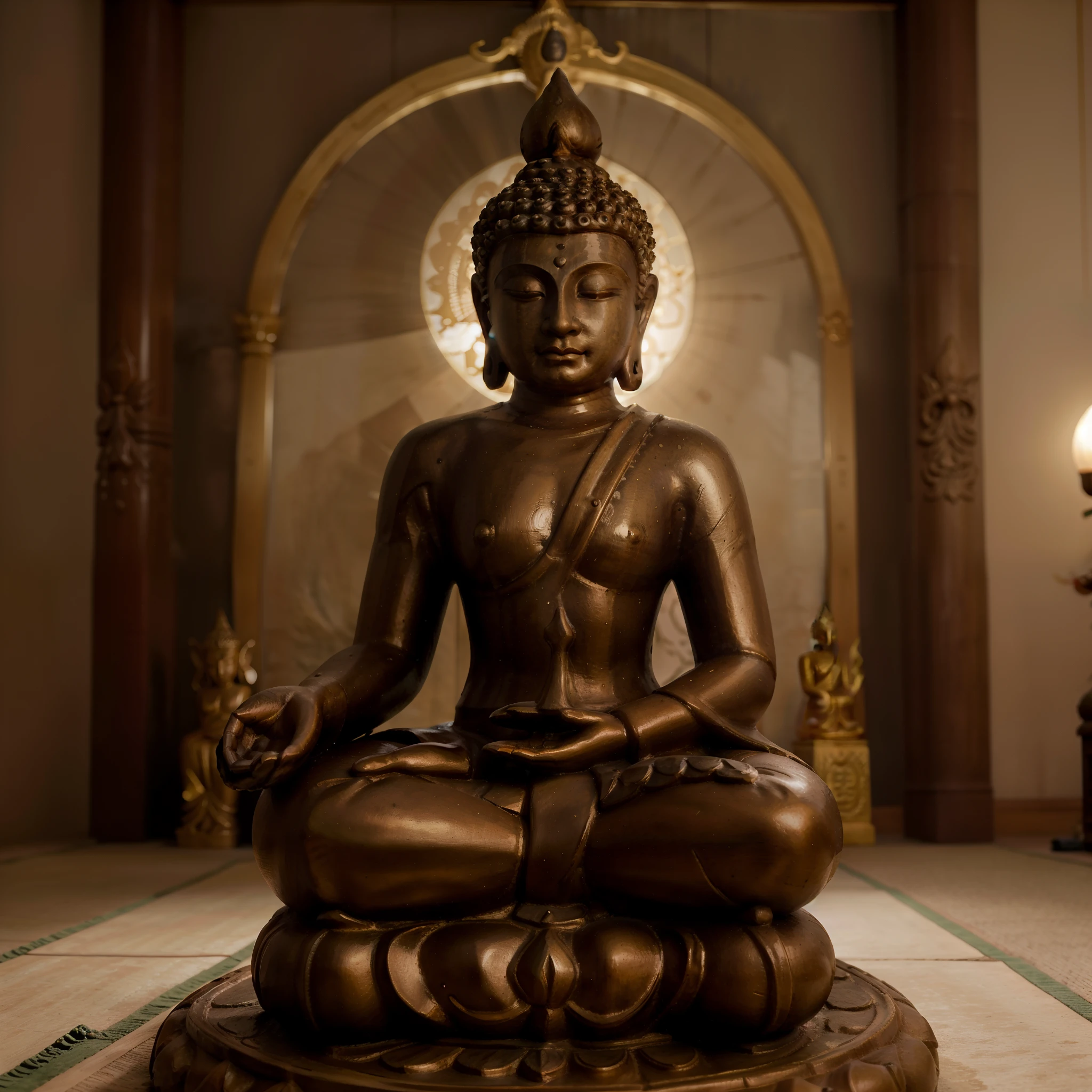 (high detailed image, high details), Buddha, Buddha's statue, there is a statue of a Buddha sitting on a red box, a statue inspired by Sesshū Tōyō, unsplash, figuration libre, standing gracefully upon a lotus, on the path to enlightenment, sitting on purple a lotus flower, on path to enlightenment, meditating in lotus position, floating in a powerful zen state, figure meditating close shot, Buddhism, Zen meditation, meditating pose, Hindu stages of meditation.