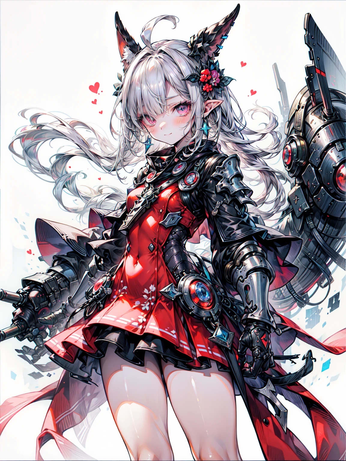 {highest quality}, {{masterpiece}}, {High resolution}, Highly detailed girl, alone, Sharp focus, {{{{{{{{White Background}}}}}}}}, {{{character{{{1 girl}}}}}}, alone, Are standing, 軽いsmile, Closed mouth, Beautiful fine details, {{{{{Sharp focus}}}}}, {{{{{masterpiece character design reference sheet}}}}},Ahoge, Amco, Blunt bangs, blush, bridal_Gauntlet, Capelet, Closed_mouth, Removable sleeves, Earrings, black Capelet, {{{Gray Hair}}}, hair ornaments, High resolution, jewelry, View Viewer, とてもLong Hair, Simple Background, alone, {{{{{whole body}}}}}, Red eyes, White Background, Crystal Eye, {{{Gold border}}}, {{{Very dark skin}}}, Small breasts, Short skirt, Final Fantasy XIV, Focus on the legs、Organic Armor Cyborg、Machinery Armor、break、（Dark Elf), (1 girl), alone, Perfect Face, Get used to it, Ahoge, ((Long Hair:1.2)), (Hair above one eye:1.3), [[Messy Hair]], Shiny blonde white hair, Purple eyes, Variegated eyes, Colorful Hair, Shining Eyes, (eyelash, eye shadow, pink eye shadow), bright, smile, design art by Mikimoto Haruhiko, by Kawashi, by Yoshitaka Amano
