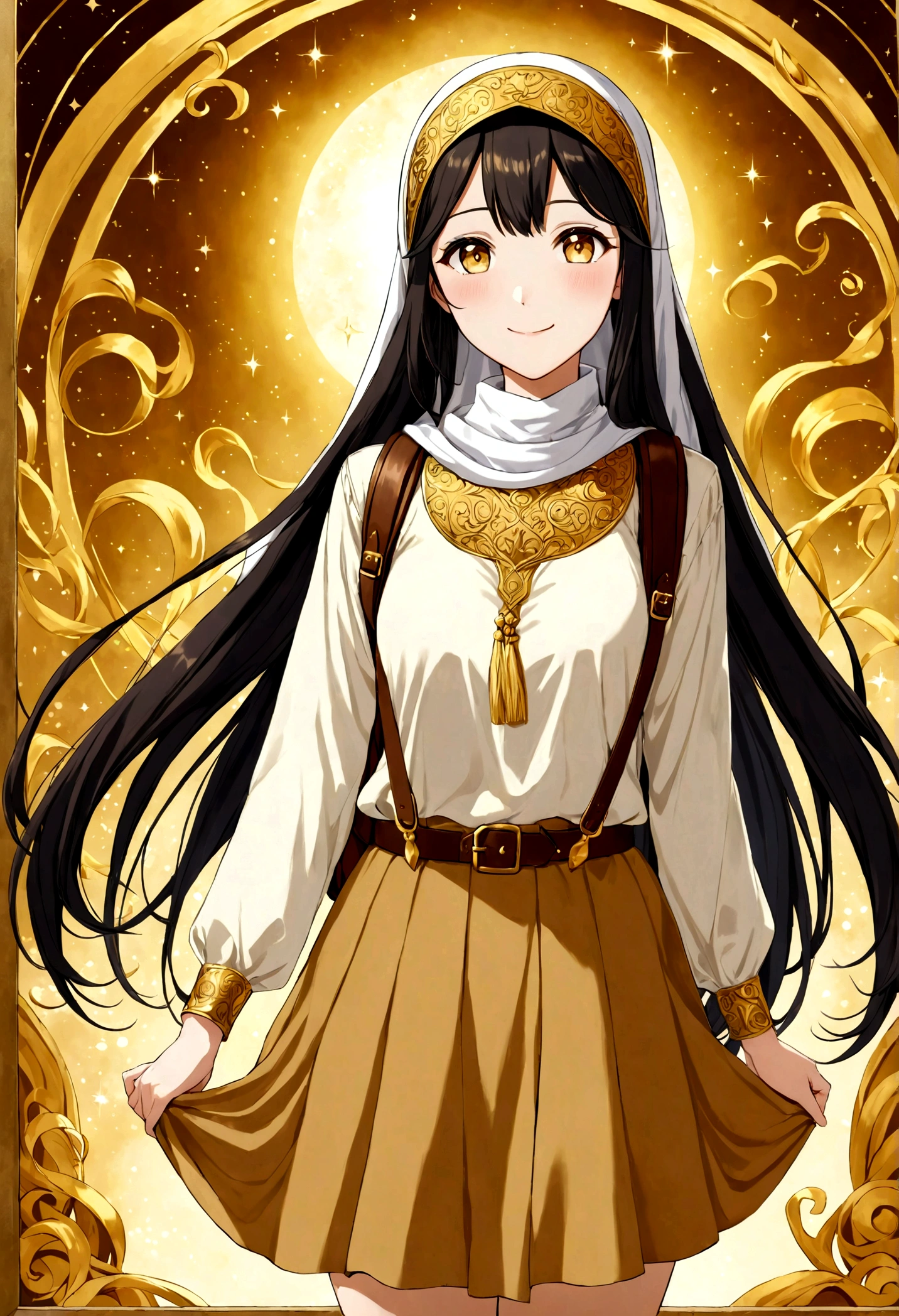 "Tall anime Girl, 20 years old, with long black hair down to her waist, golden eyes, and smile. She dresses in an antique style, She wears a brown skirt longer on one side than the other, large brown boots up to the knees with lots of ribbons, a backpack, a white blouse, and a hijab on her head. , She possesses golden powers and has a golden-themed background."
