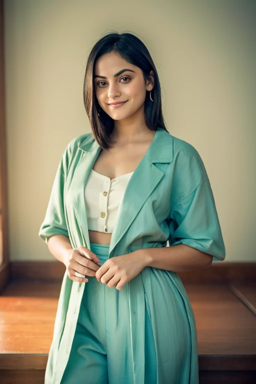 Camila Mendes with blonde dyed hair dressed in traditional Cuban clothes and smiling sexy