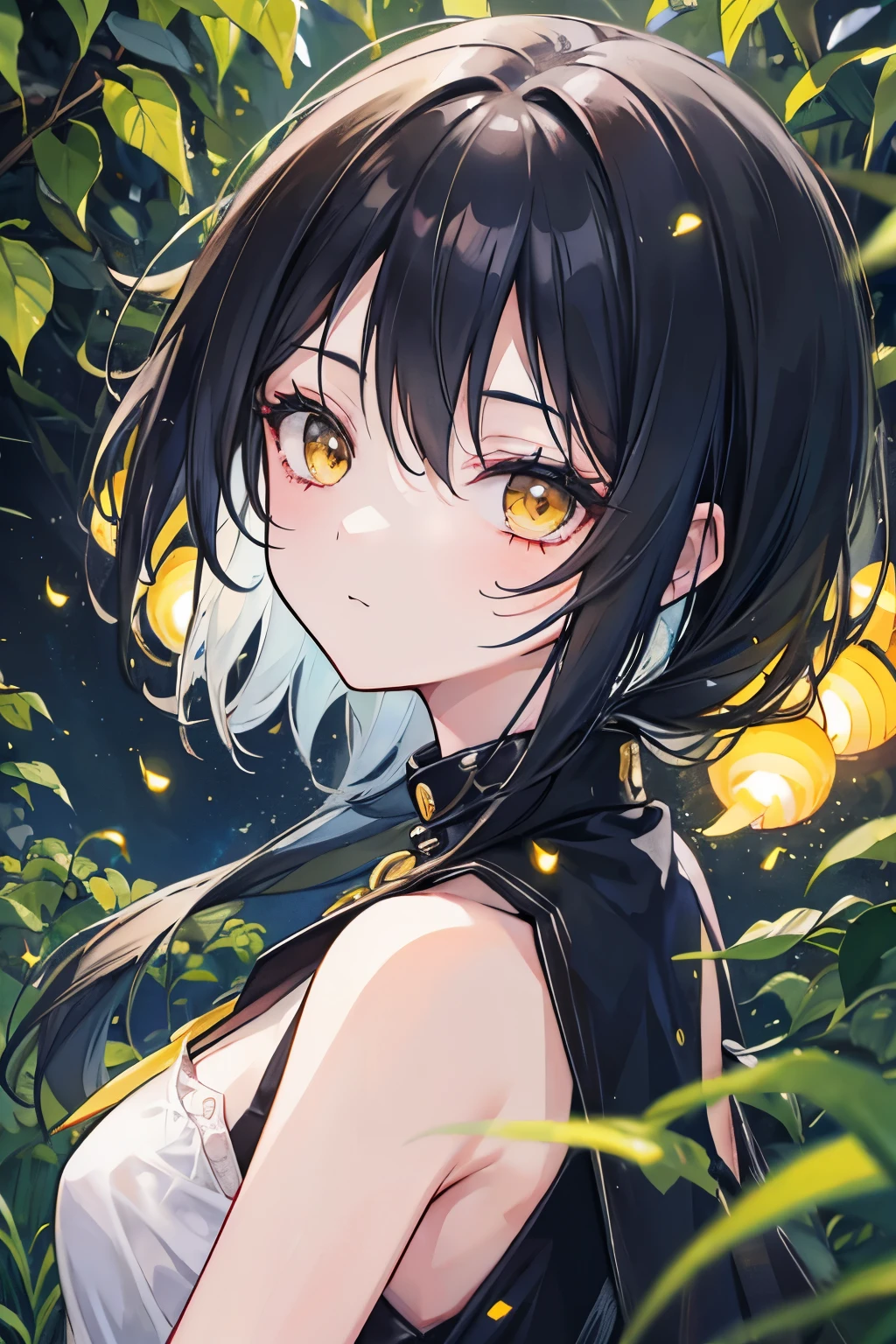 Lots of fireflies surround a girl with black hair and yellow eyes 