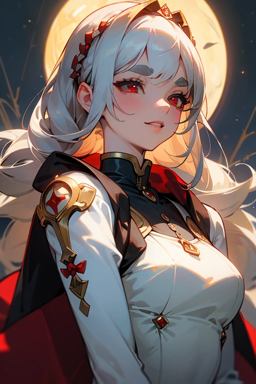 (highest quality, masterpiece:1.2), High resolution, 最高masterpiece、Very detailed, Realistic:1.37, Fantasy, An illustration,Gray Hair、 Red eyes、Queen, White Dress、beautifully、Eyeshadow Red、Thick eyebrows、Long eyelashes、pupils are black、shiny on the lips、Top Sites、Queen、Princess、A kind smile、Show your teeth a little and smile、Soft impression、people々々々々々Loved by、Slimming the face、Shoulder Bare、Sexy braids、Kissing Face、Long white hair、Shaggy Bangs、Gazing at the night sky、Save a face image、machine gun
