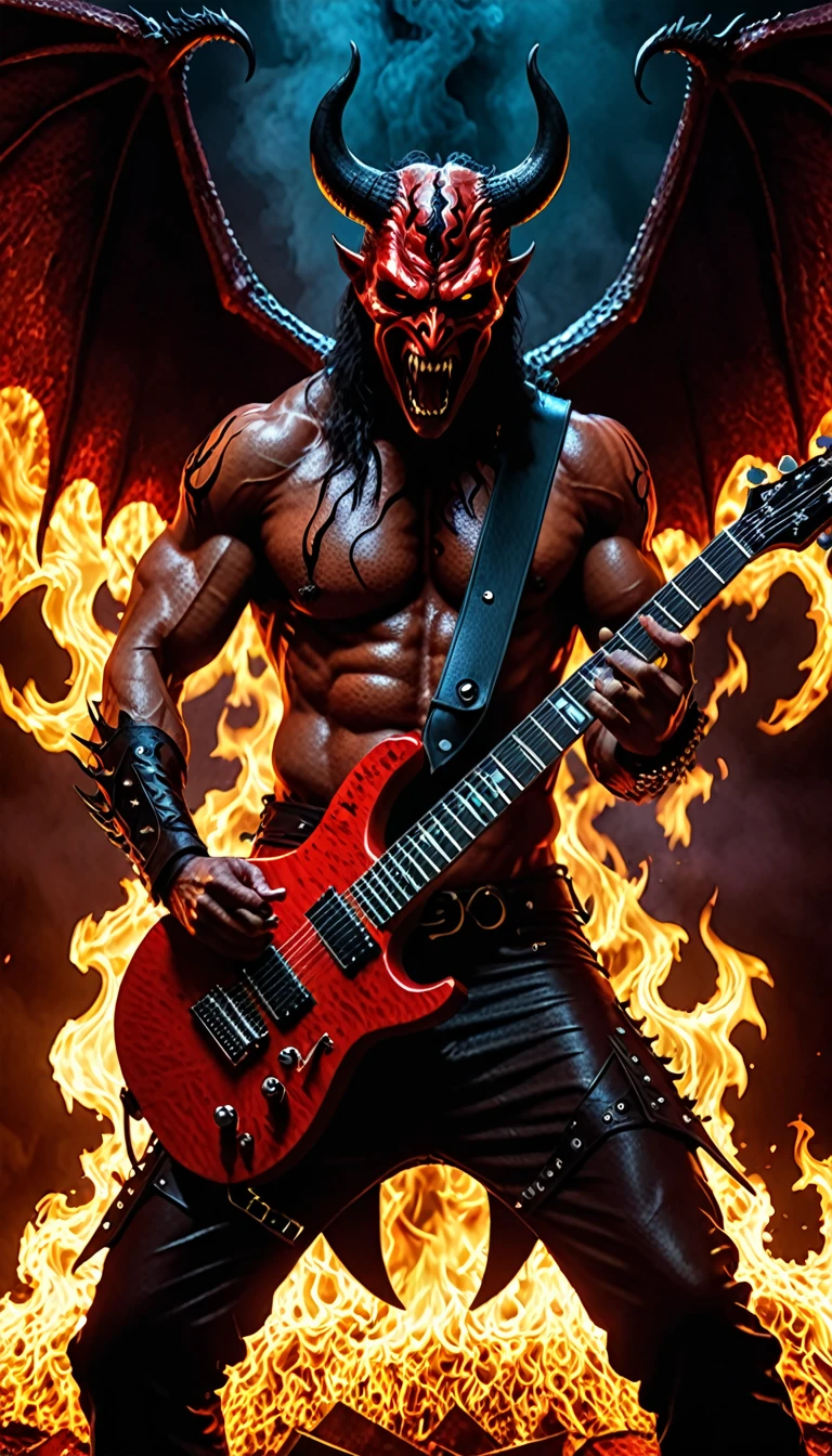 Devil in Hell playing a satanic electric guitar with intense concentration, surrounded by hellish flames, heavy metal music pouring from gigantic speakers, dark and ominous atmosphere, (best quality,4k,8k,highres,masterpiece:1.2),ultra-detailed,(realistic,photorealistic,photo-realistic:1.37),detailed facial features, penetrating gaze, sharp fangs, muscular physique, dark wings, hellscape background, dramatic lighting, saturated colors, gritty, cinematic, Cinematic Shot