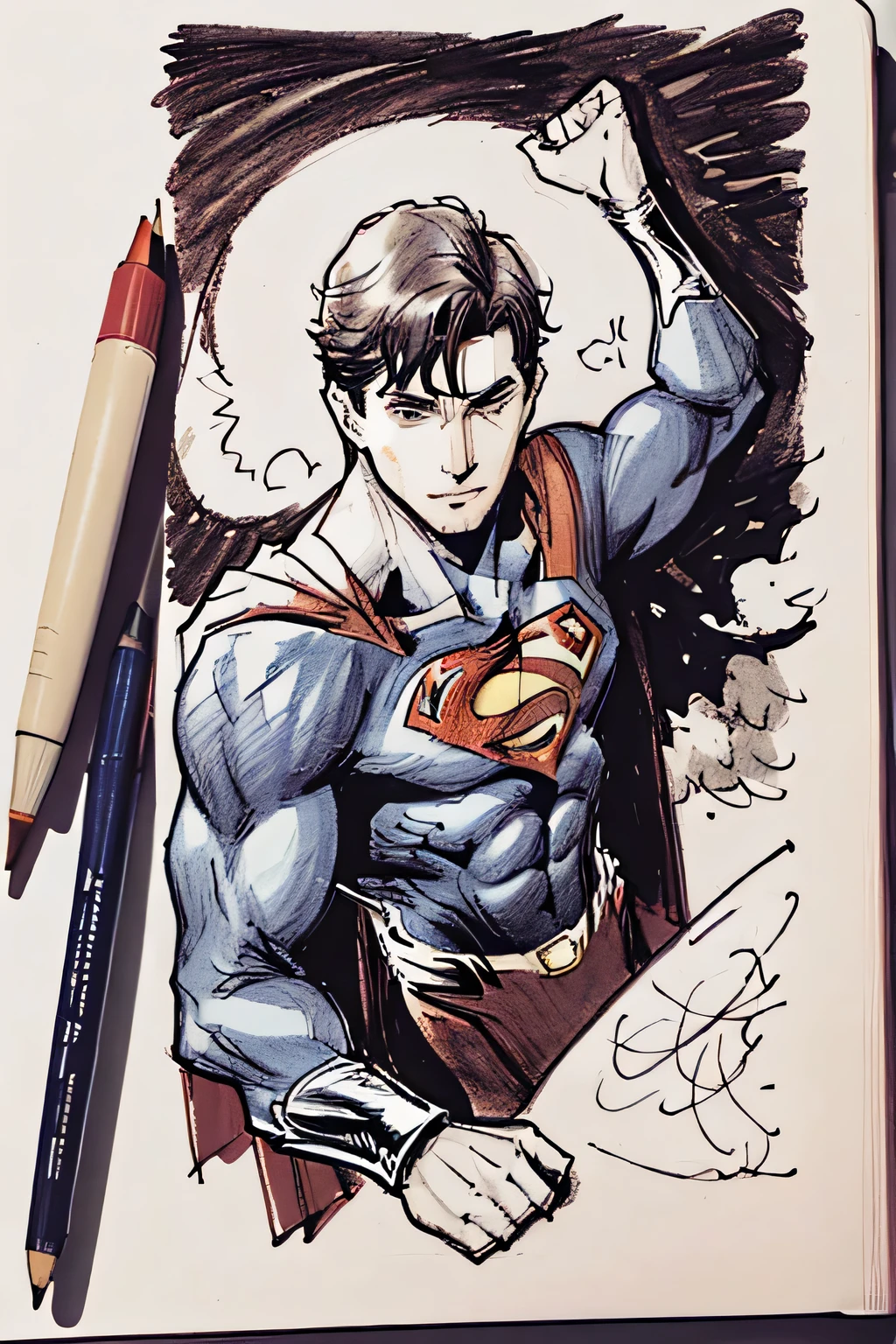 A doodle of superman, less detailing, a lot of errors, over lining, messy, drawn in a sketch book,  no shading, no blending, no potrait, no colouring, colored pencil beside the drawing