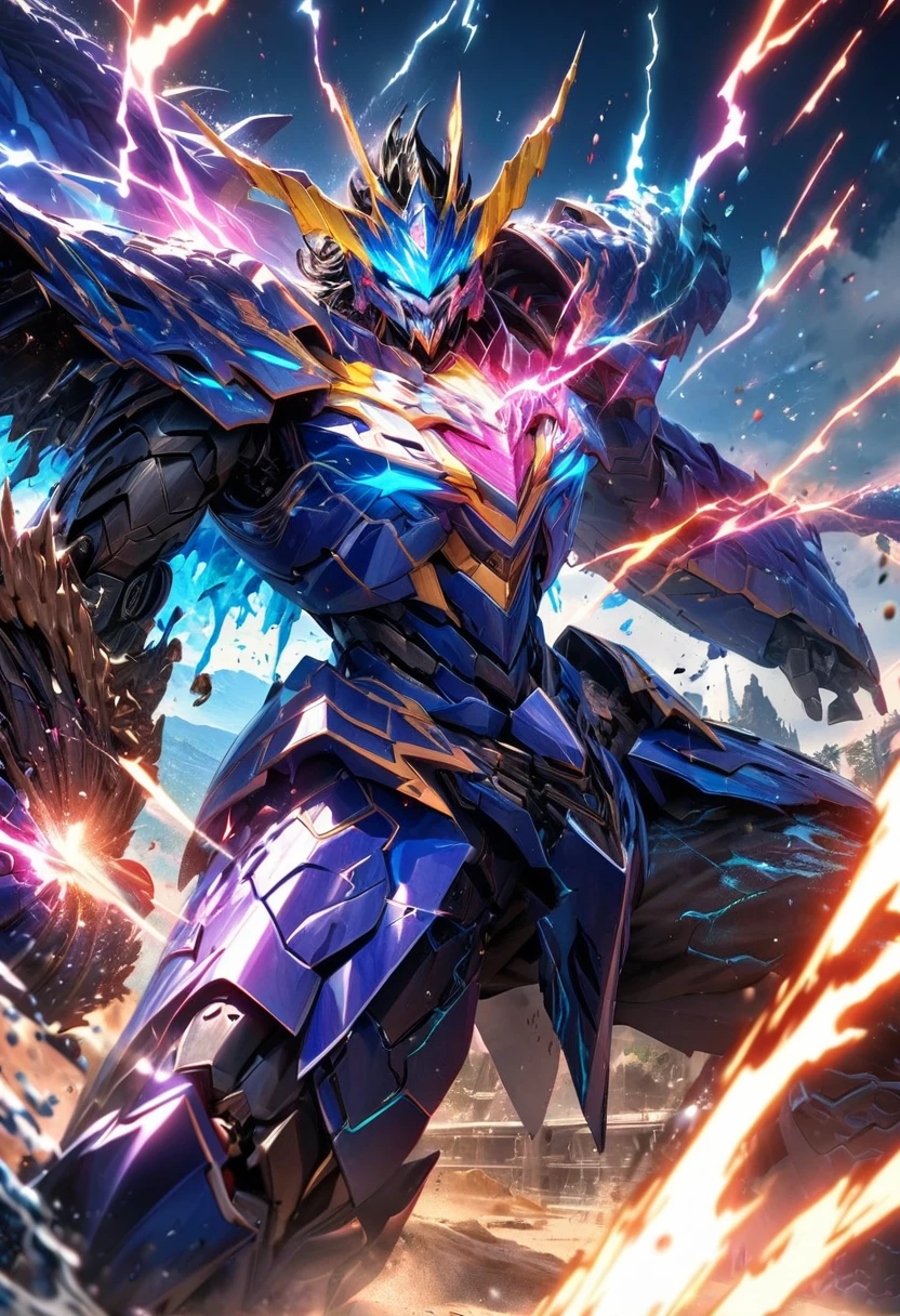 absurdres, highres, ultra detailed, HDR, masterpiece, extremely detailed face and eyes, colorful shinning Leviathan God Mecha armor dragon knight, Epic mecha leviathan mask,,colorful Black hair , , solo, ,man, handsome, , , Epic fight scene, colorful water splashing effect,colorful lightning effect,glowing glitters