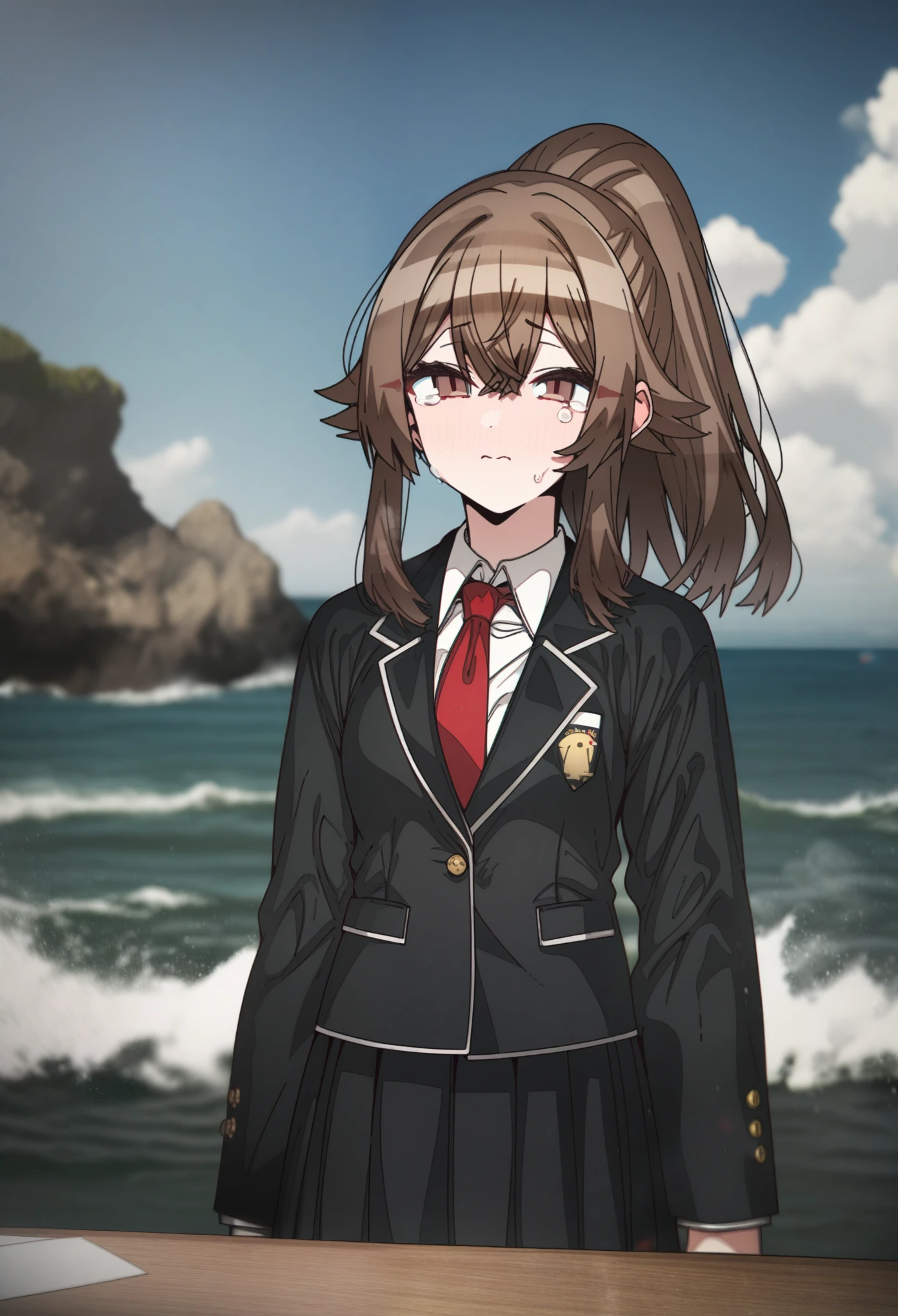 hoshino_(blue_archive) with brown hair and hazel eyes, Artist, erere, Copyrights, idolmaster, idolmaster_shiny_colors, Character, General, 1girl, brown_hair, medium_breasts, breasts, long side_bangs, ponytail, detailed eyelashes, beautiful girl:1, hazel_eyes, censored, clouds, detailed background, school_uniform, black skirt, black blazer, black_sleeves, pleated skirt:1.2, blazer, red tie, medium shot photography:1.1, standing in middle:1.1, sea, sky:1.5, round_eyes, detailed, outdoors, looking_at_viewer, masterpiece, best_quality, great_quality, girl, solo, center_composition, centered character, cute, tears, crying, half_closed_eyes