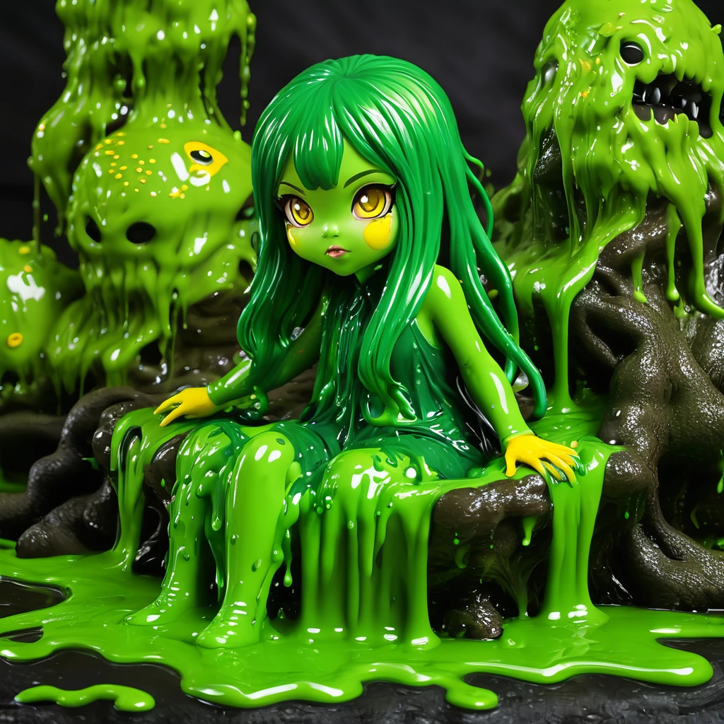Slime, (monster girl), green slime with darker green, dripping with yellow ooze, clothed, masterpiece, best quality