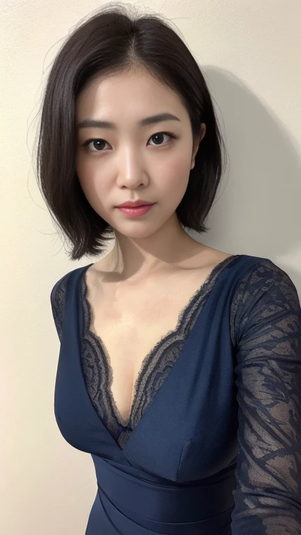 highest quality,masterpiece,Ultra-high resolution,(Realistic:1.4),Beautiful lighting, (Highly detailed CG Unity 8k wallpaper), Beautiful face in every detail,Detailed clothing, 50mm portrait photography, No background、One Girl,Big black eyes, cute, young, Pause, Facial Lighting, Physically Based Rendering,Written boundary depth , Black Hair, (short hair), ((Take from above)), Japanese women、20-year-old、Navy blue long sleeve lace dress、(Big Breasts)、(Upper Body)、Beautiful young woman taking a selfie, Taken with iPhone camera、In front of a white wall