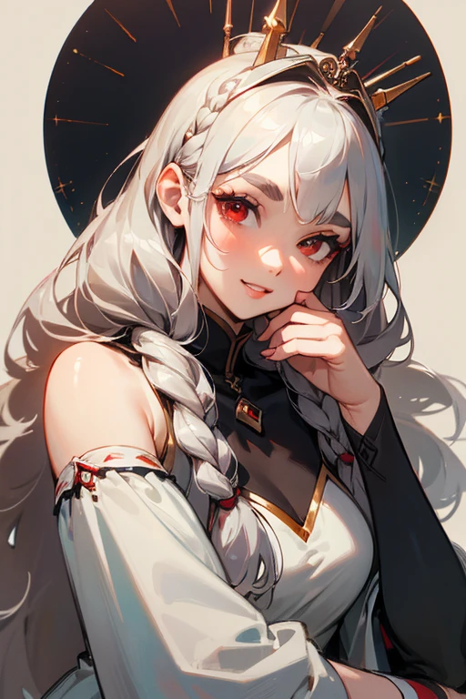 (highest quality, masterpiece:1.2), High resolution, 最高masterpiece、Very detailed, Realistic:1.37, Fantasy, An illustration,Gray Hair、 Red eyes、Queen, White Dress、beautifully、Eyeshadow Red、Thick eyebrows、Long eyelashes、pupils are black、shiny on the lips、Top Sites、Queen、Princess、A kind smile、Show your teeth a little and smile、Soft impression、people々々々々々Loved by、Slimming the face、Shoulder Bare、Sexy braids、Kissing Face、Long white hair、Shaggy Bangs、Gazing at the night sky、Save a face image、machine gun