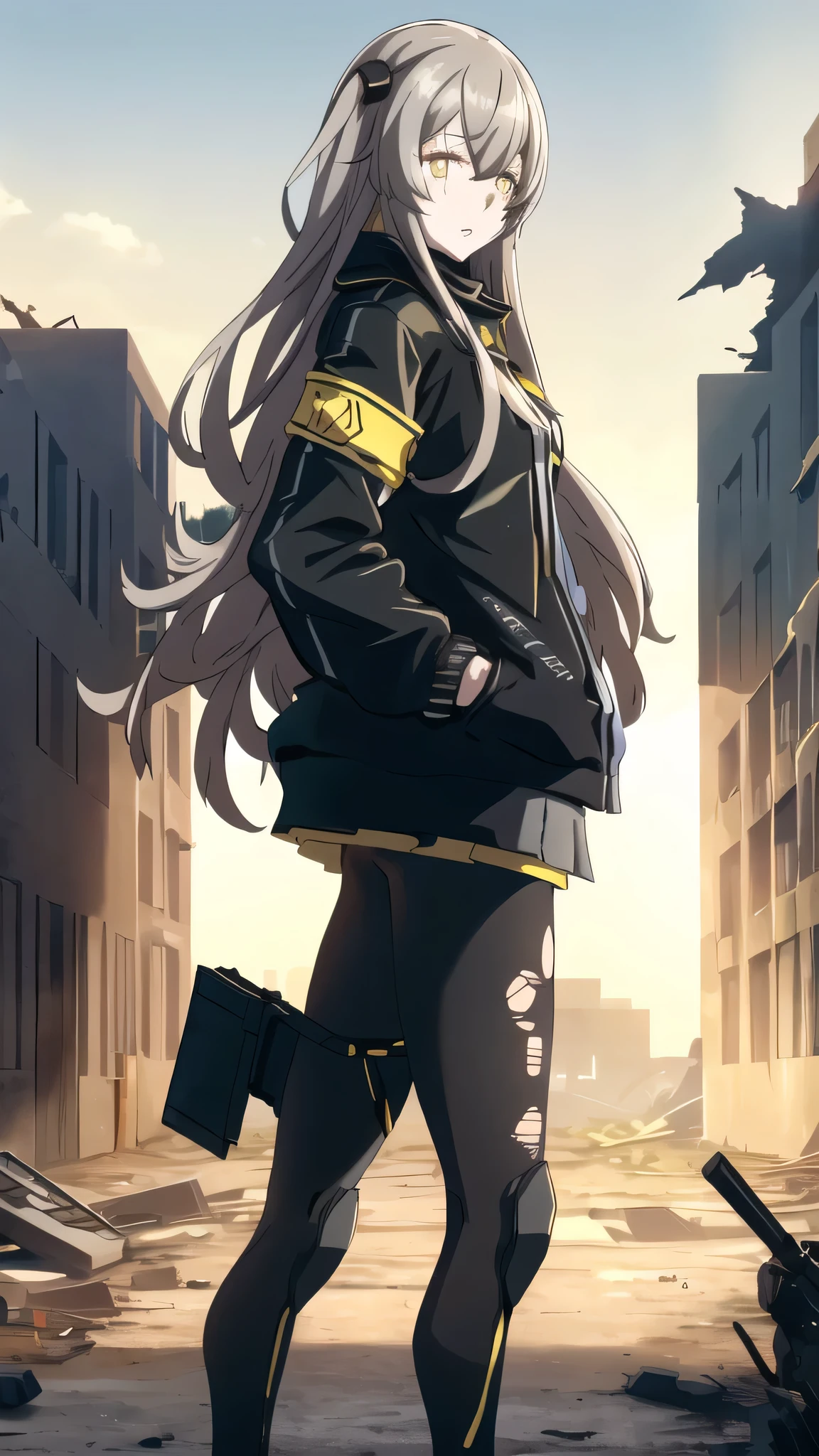 1girl, masterpiece, ump45 \(girls' frontline\), standing, cowboy shot, expressionless, hands in pockets, yellow eyes, looking at viewer, from side, closed mouth, scar across eye, (ruined city:1.2) in background, backlighting,